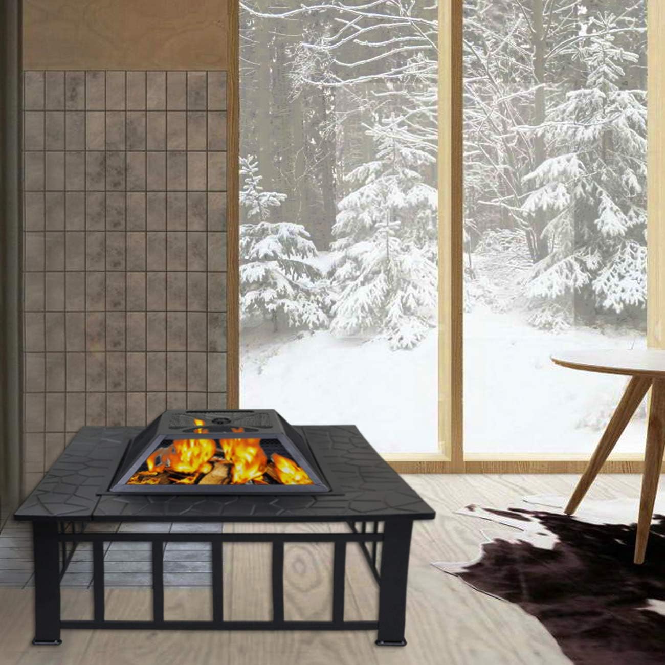 N/M Square Fire Pit Charcoal Grill for Outdoor Patio Wood Burning 32 inches