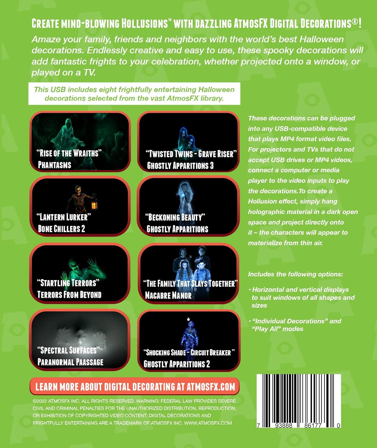 AtmosFX® Spooky Halloween Hollusion Digital Decoration Kit Includes 8 AtmosFX® Video Effects for Halloween Plus 5.5' x 9' Holographic Projection Screen