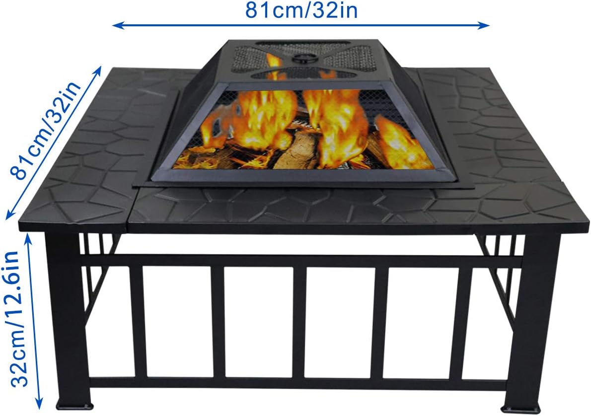N/M Square Fire Pit Charcoal Grill for Outdoor Patio Wood Burning 32 inches