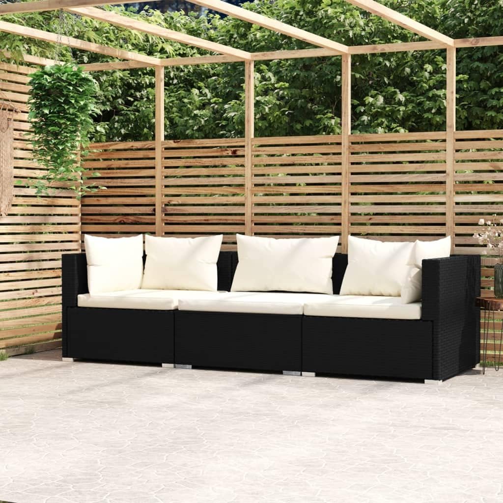 Wicker Patio Furniture 3 Piece with Cushions Black Poly Rattan Garden Furniture