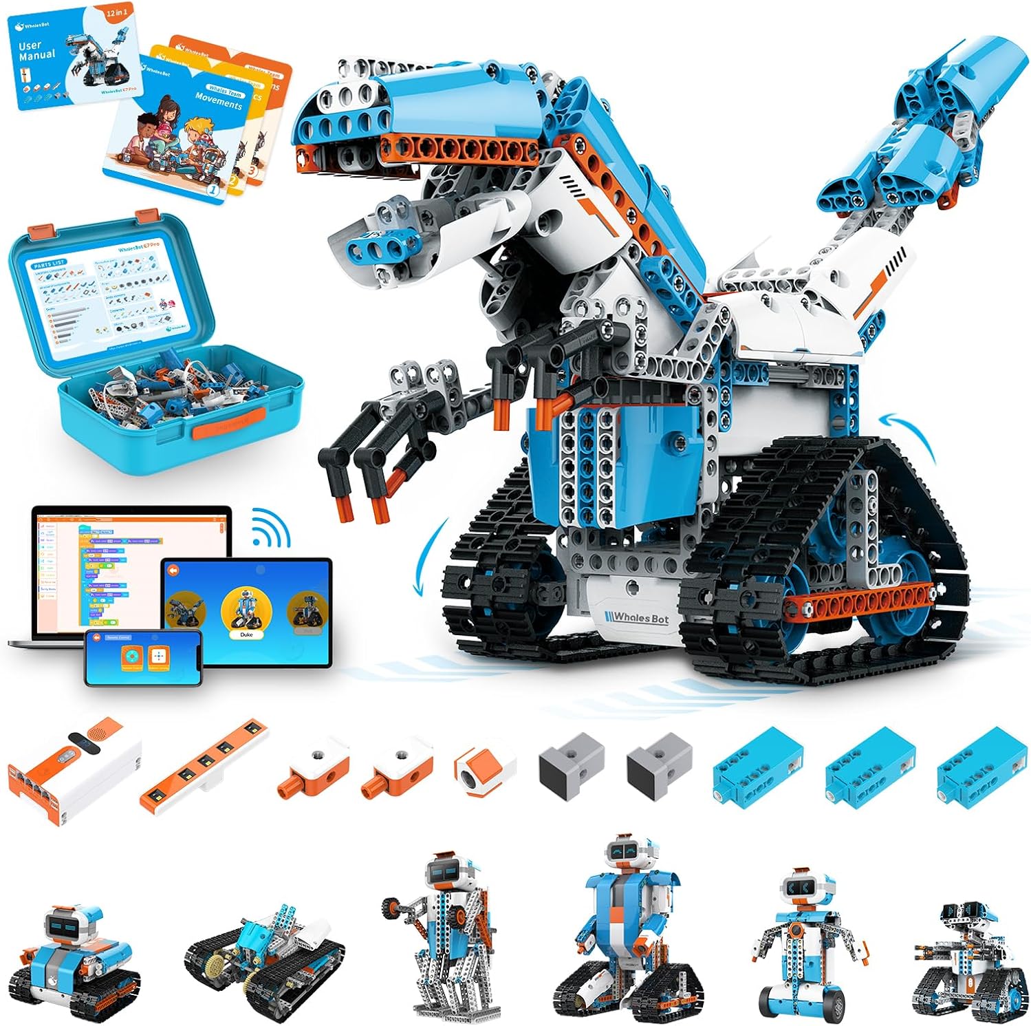 WhalesBot E7 Pro Coding & Remote Control Robot Kit for Kids 8+, Scratch & Modular Programming, Educational Engineering Science Toy Set with Smart Controller/Sensors/Motors for Kids Ages 8-12, 12-16