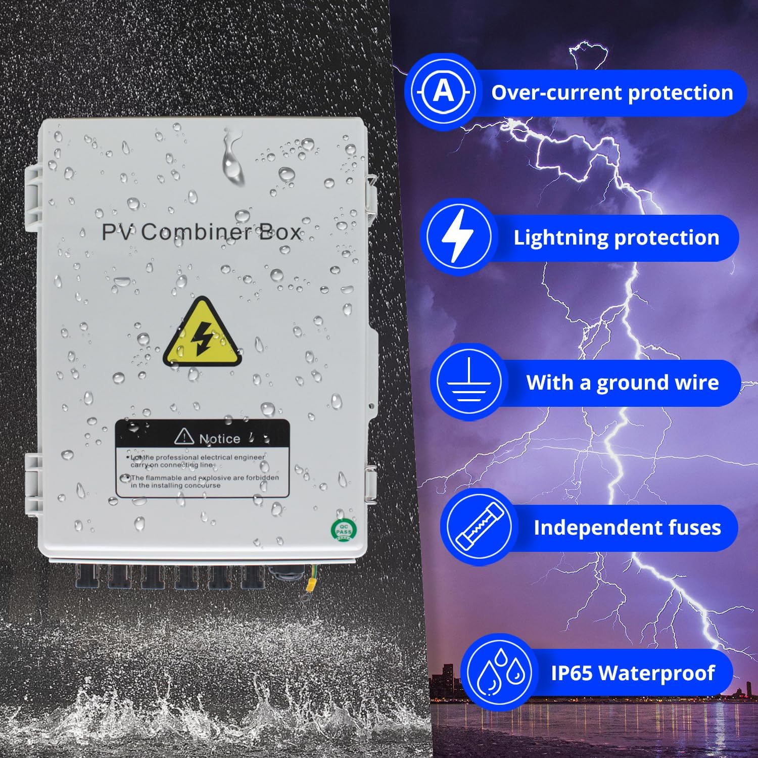 Solar Combiner Box, HXH PV Combiner Box 6 String with a 550V 2P 63A DC Circuit Breakers & Lightning Arreste for Solar Panels, IP 65 Waterproof