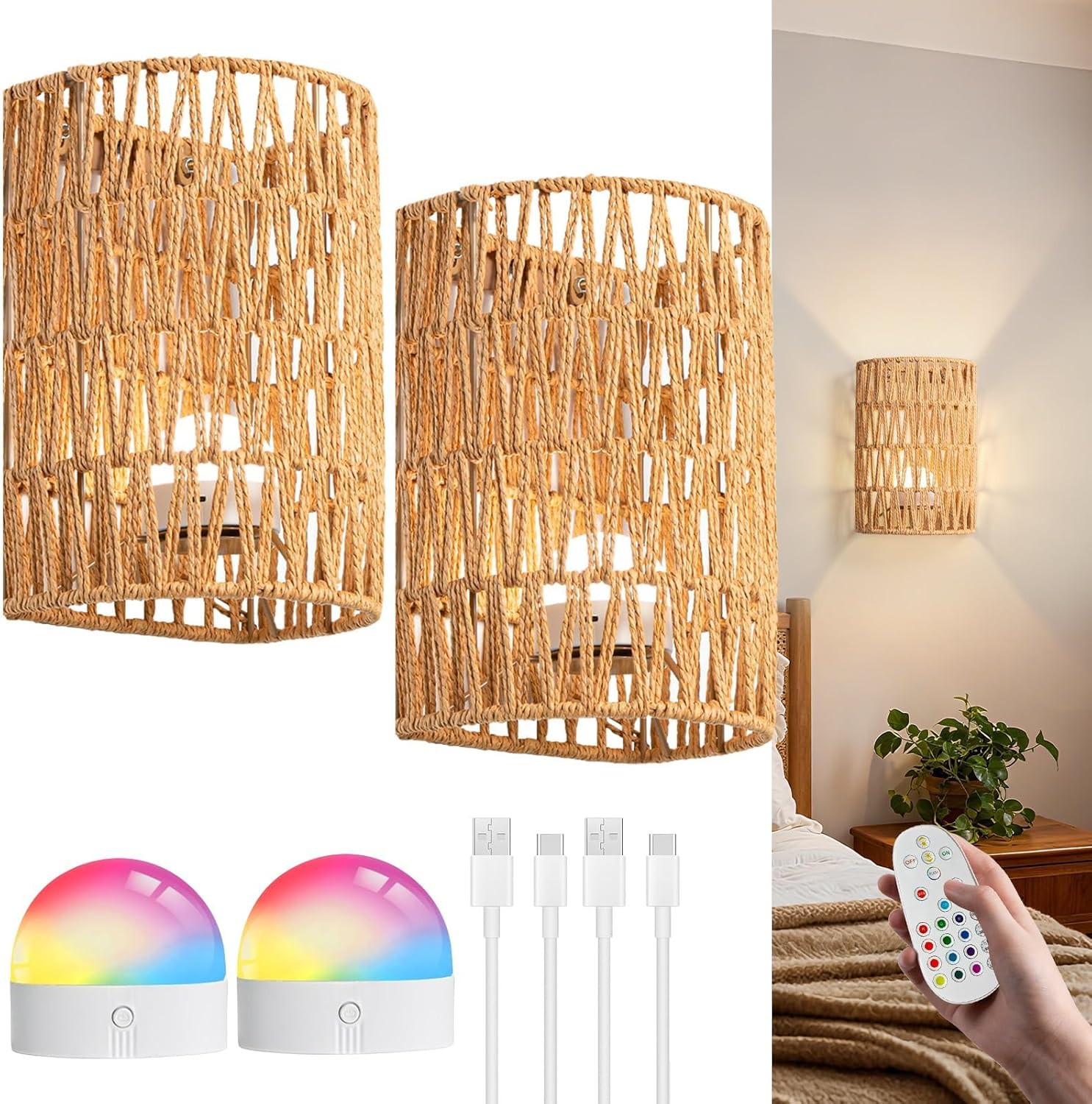 Boho Rattan Rechargeable Wall Sconce, 15 RGB Color Wall Sconces Set of 2 Battery Operated, 4200mAh Battery Operated Wall Sconce,Dimmable Remote Rechargeable Wall Lights for Bedroom,Living Room