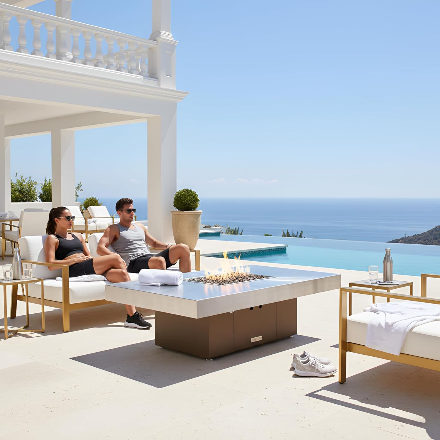 COOKE Santa Barbara Rectangular Fire Pit Table - 40 x 30 - Natural Gas - Brushed Aluminum Top - Bronze Powdercoat Base