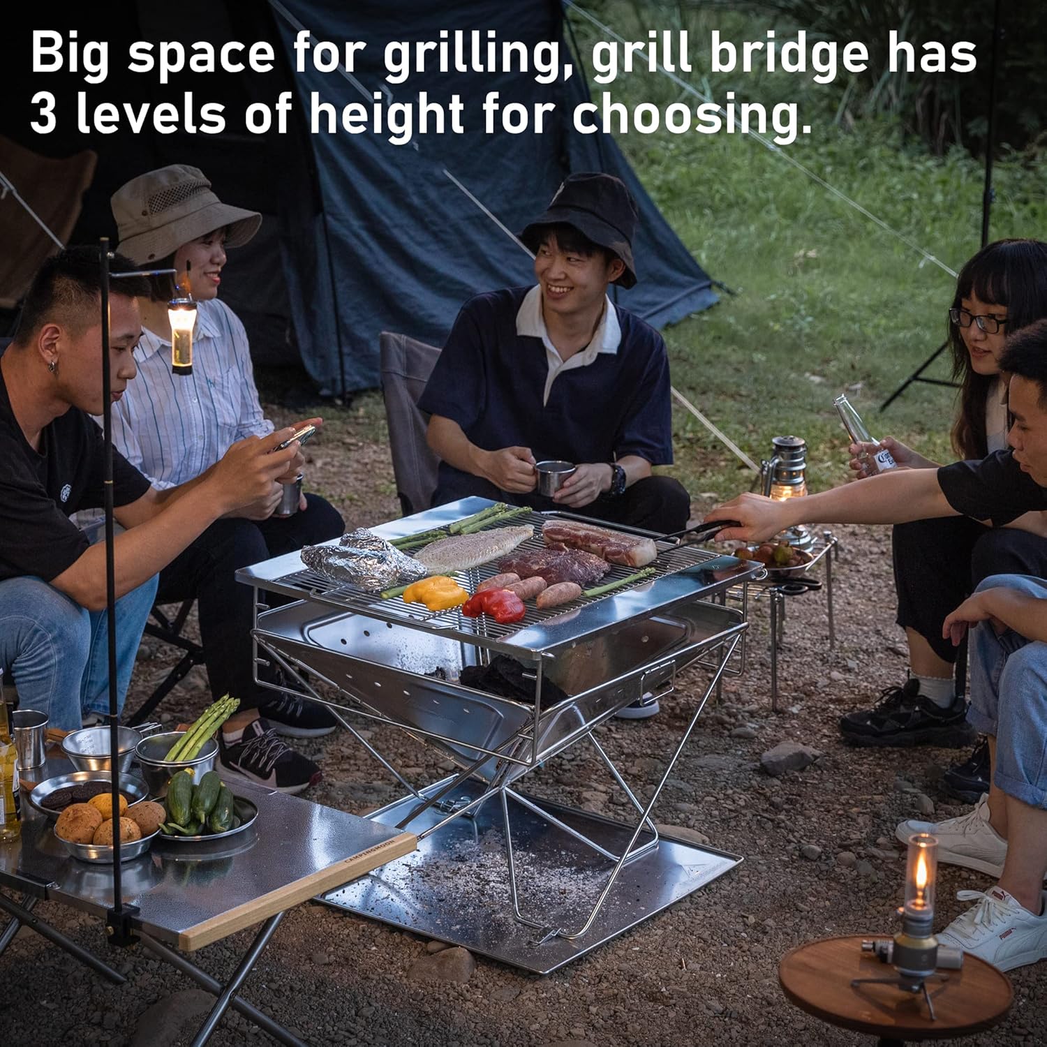 CAMPINGMOON Foldable Fire Pit Charcoal Grill Wood Burning Heavy Large 24-inch Stainless Steel with Duty Storage Bag MT-065