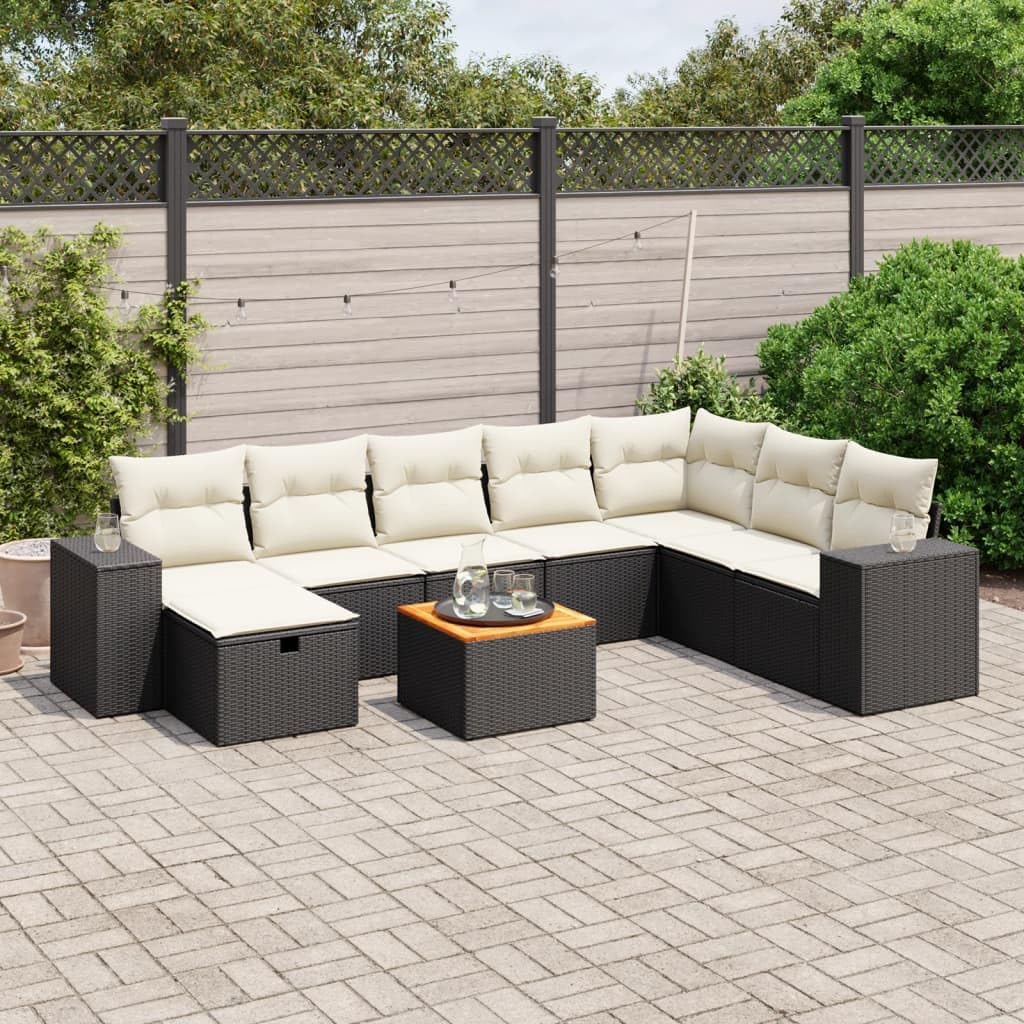 9 Piece Modular Garden Sofa Set in Black and Cream White, UV-Resistant Poly Rattan with Powder-Coated Steel Frame for Outdoor Patio Furniture, Plush Cushions and Acacia Wood