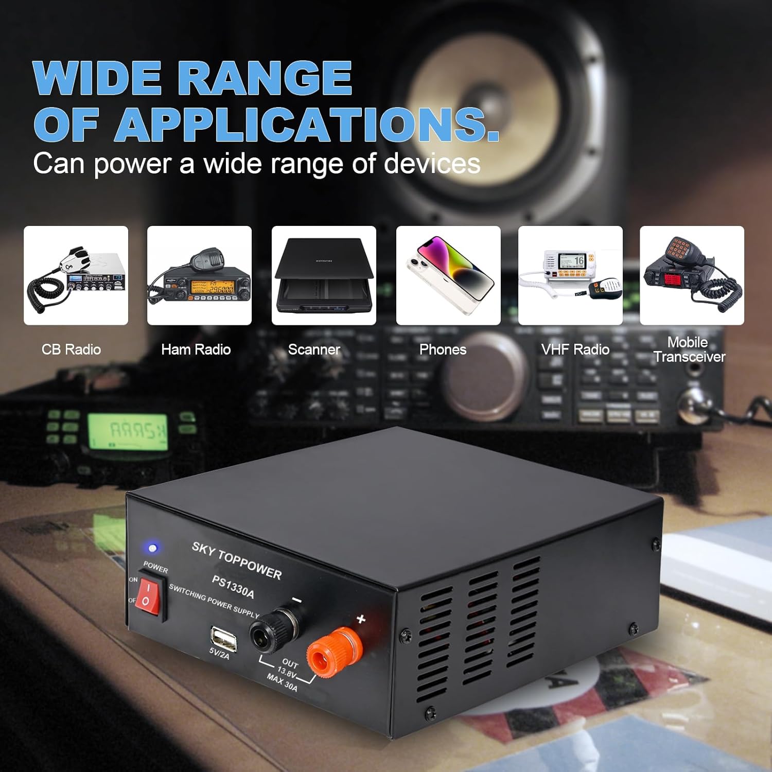 13.8V 30A DC Power Supply for Ham Radio,30 Amp Compact Regulated Bench Power Supply Lab Benchtop AC to DC Converter,Cooling Fan,5V 2A USB Interface,Powering Ham Radio, Amplifiers,SKY TOPPOWER PS1330A