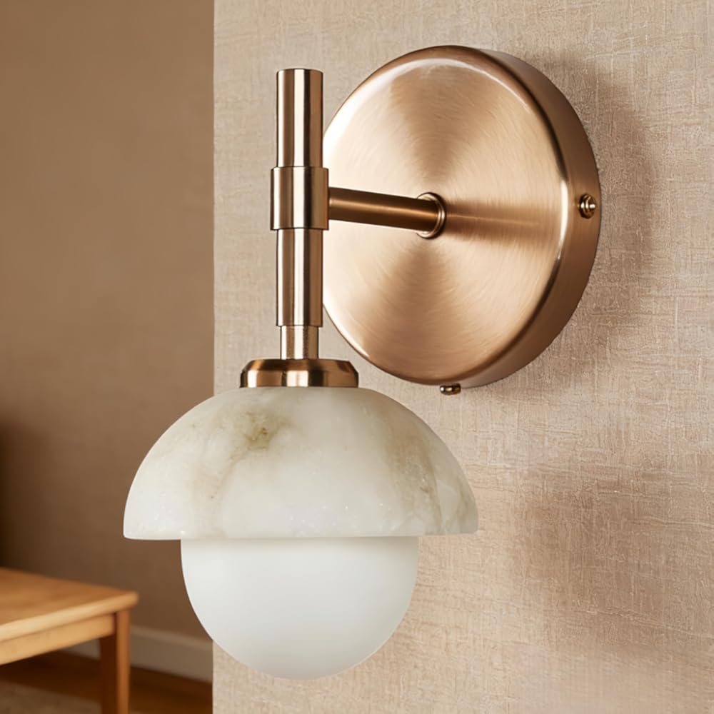 Modern Alabaster Single Wall Sconce, Hand-Carved Natural Stone Light Fixture, Wall Mounted Lighting with Opal Alabaster Shade for Bathroom, Beside Mirror, Hallway, Bedroom, Living Room (Brushed Brass)
