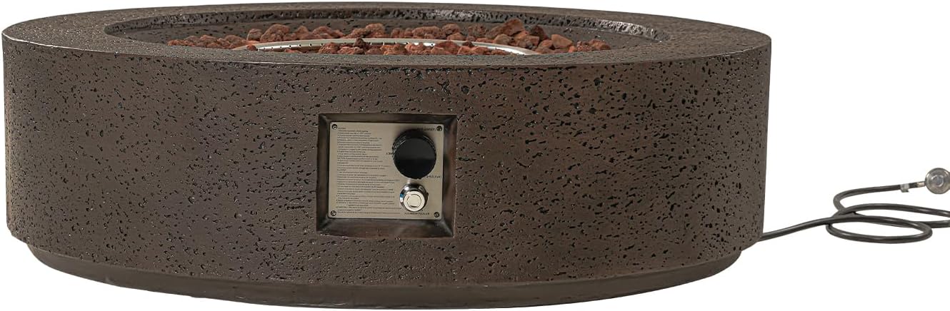 42 inches Round Propane Outdoor Fire Pit, Gas Patio Fire Table 50,000 BTU Concrete Travertine Design, Circular Base Firepit with Lava Rocks, Waterproof Cover (Brown)