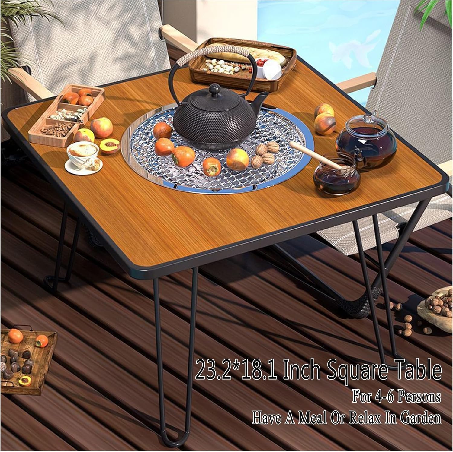TemkIN Patio Fire Pit Table, 3-in-1 Portable Wood Burning Fire Pit Square Table with Lid & Poker, Small Firepits for Outside Camping Picnic Cooking BBQ, Picture colour