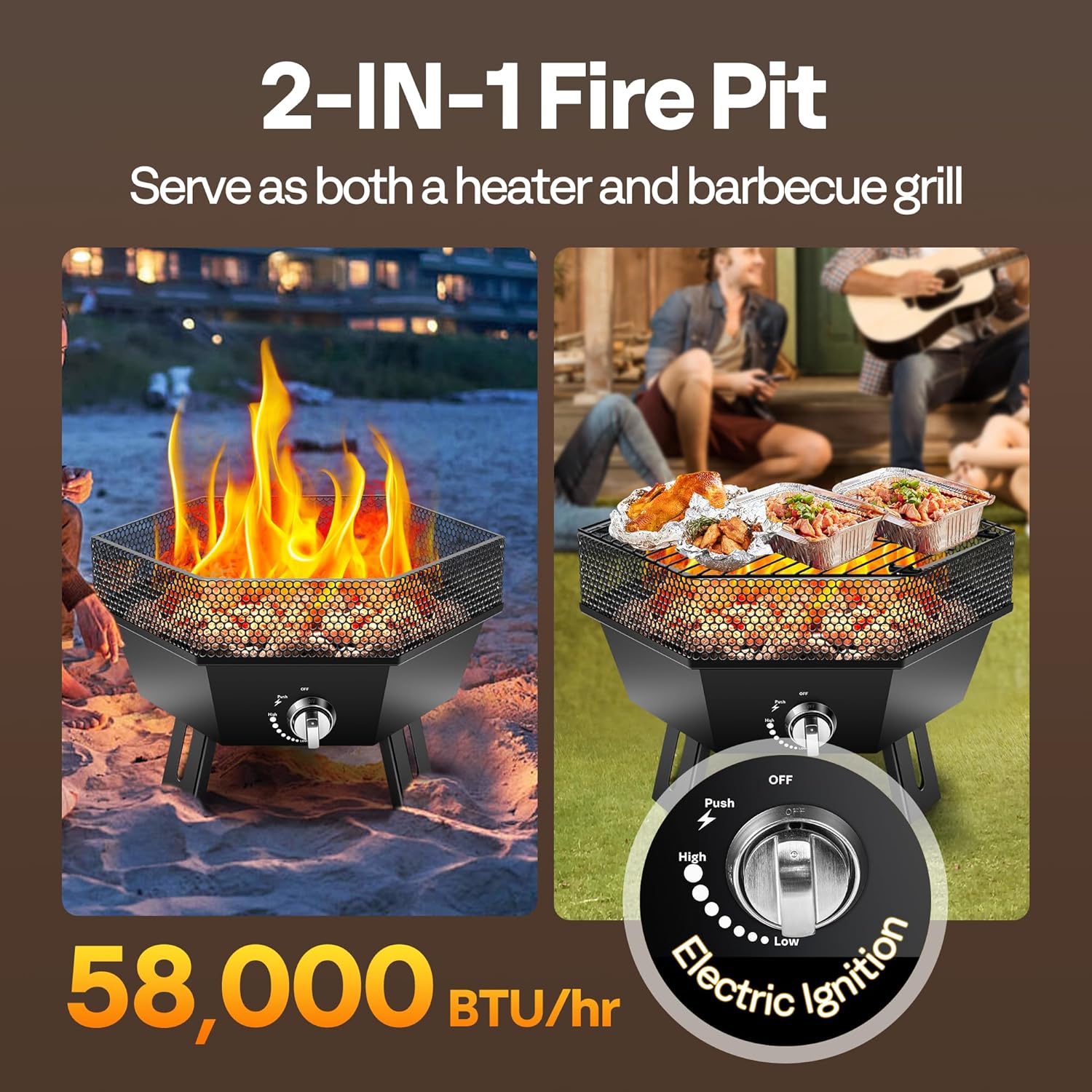 VIVOHOME Portable 58,000 BTU Propane Fire Pit, 24-Inch Smokeless Outdoor Design with Carry Bag, and VIVOHOME Oval Cast Iron Grill with Interchangeable Grates & Griddle