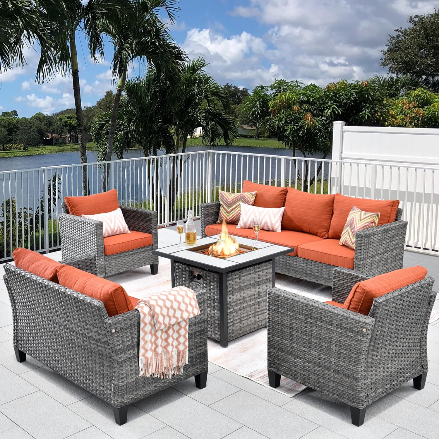 HOOOWOOO Patio Outdoor Furniture Set with Propane Fire Pit Table,5 Piece Modern Wicker Couch Sofa Set, Outside All Weather Resistant Conversation Seating Set with Tilt Back(Orange Red)