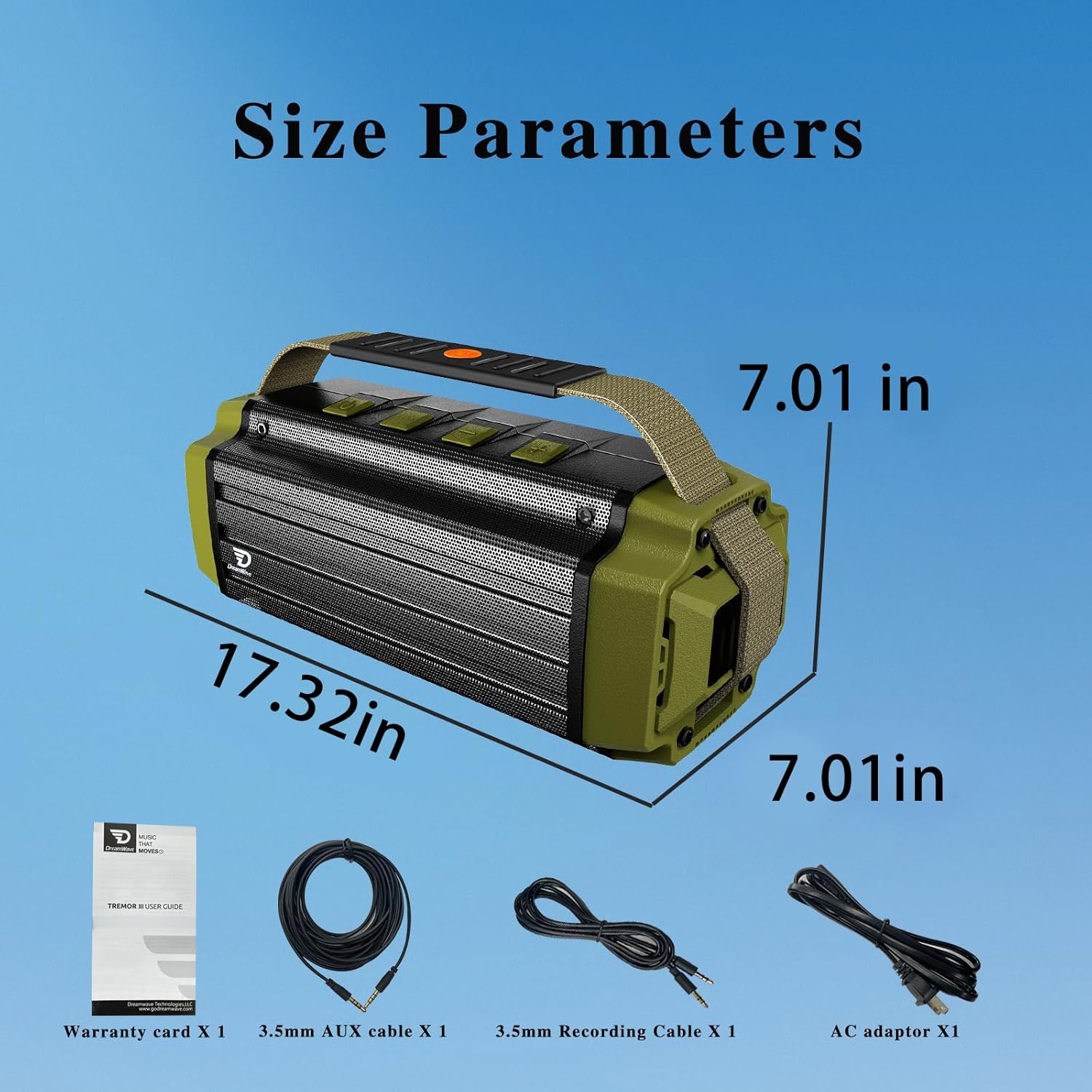 Dreamwave Tremor III Outdoor Bluetooth Speaker, 100W 107dB Loud, HiFi Sound, deep bass, Loud Stereo, IP66 Waterproof and Shockproof, Portable Wireless, Perfect for Camping, Backyard (Army Green)