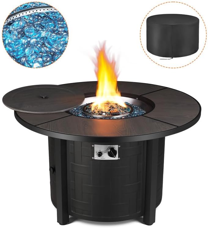 TLGREEN Outdoor Propane Firepit Table, 42Inch, 50,000 BTU Auto-Ignition Rounded Fireplace with Waterproof Table Cover, Lid and Blue Stone,for Patio and Garden