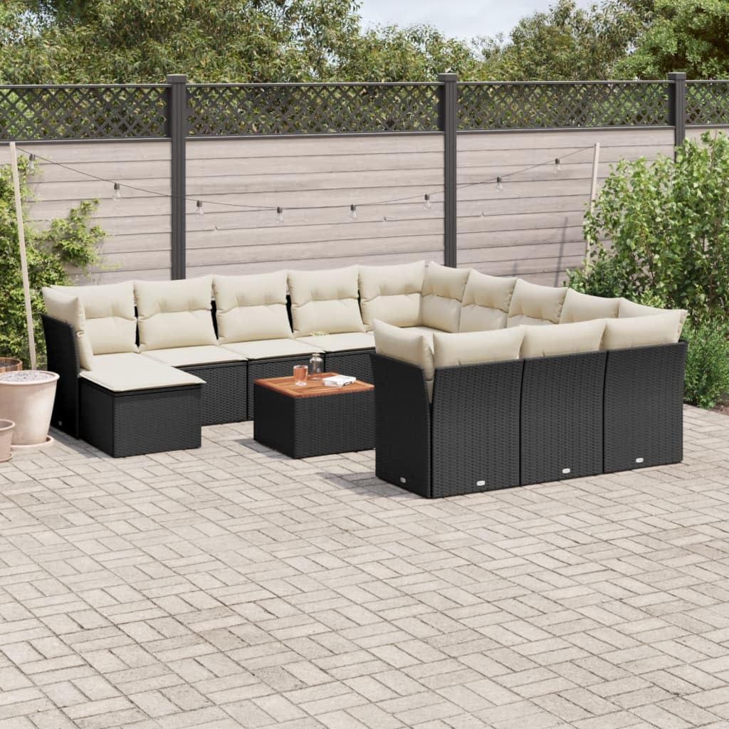 13-Piece Modular Garden Sofa Set Black PE Rattan with Powder-Coated Steel Frame and Acacia Wood for Outdoor Patio Furniture, Durable Water-Resistant Upholstery