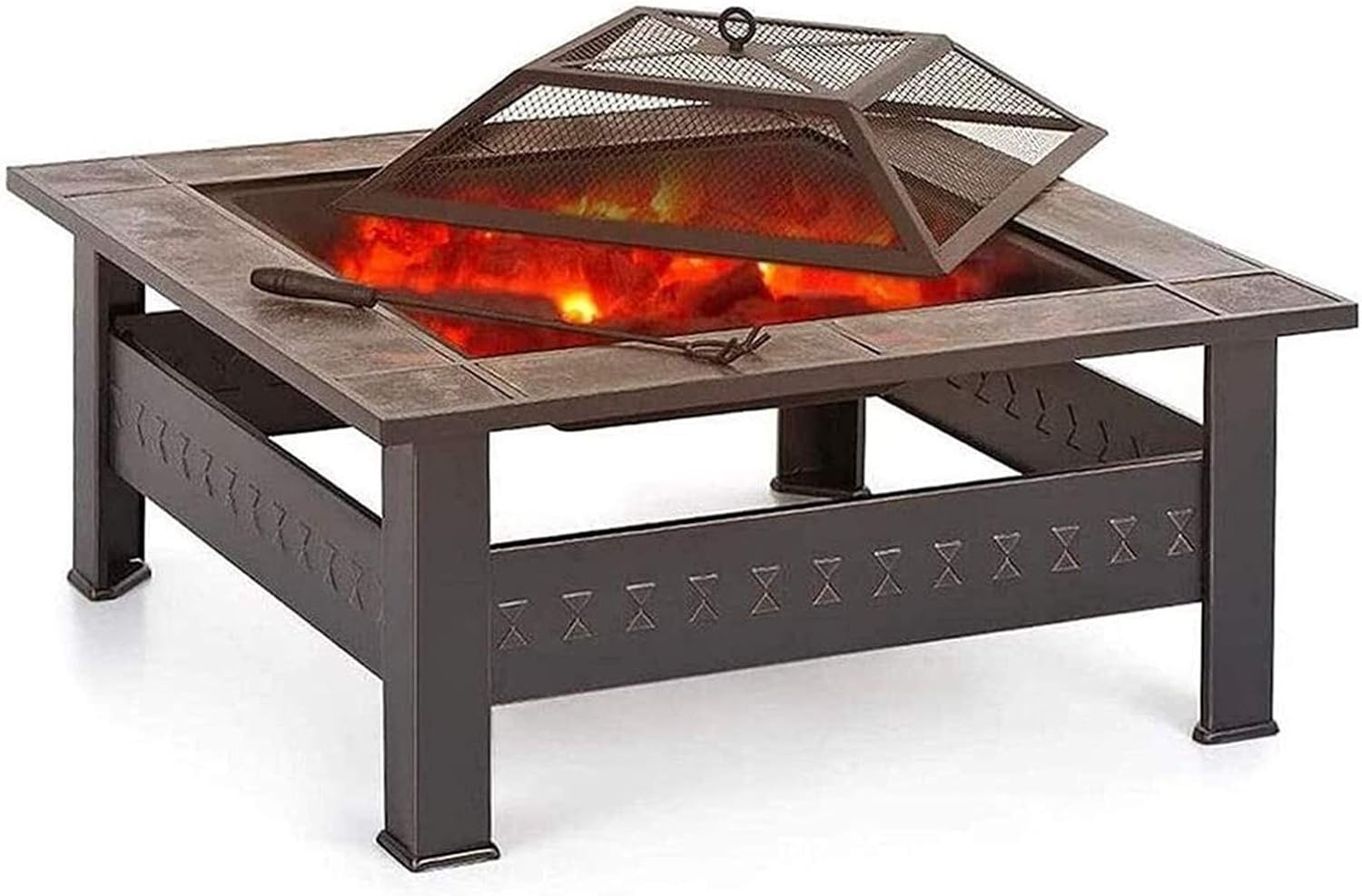 Fire Pits Outdoor Wood Burning Fire Pit with BBQ Grill Shelf,Outdoor Metal Brazier Square Table Firepit Garden Patio Heater with Waterproof Cover with Cover BBQ Cooking for Outside Camping Backyar