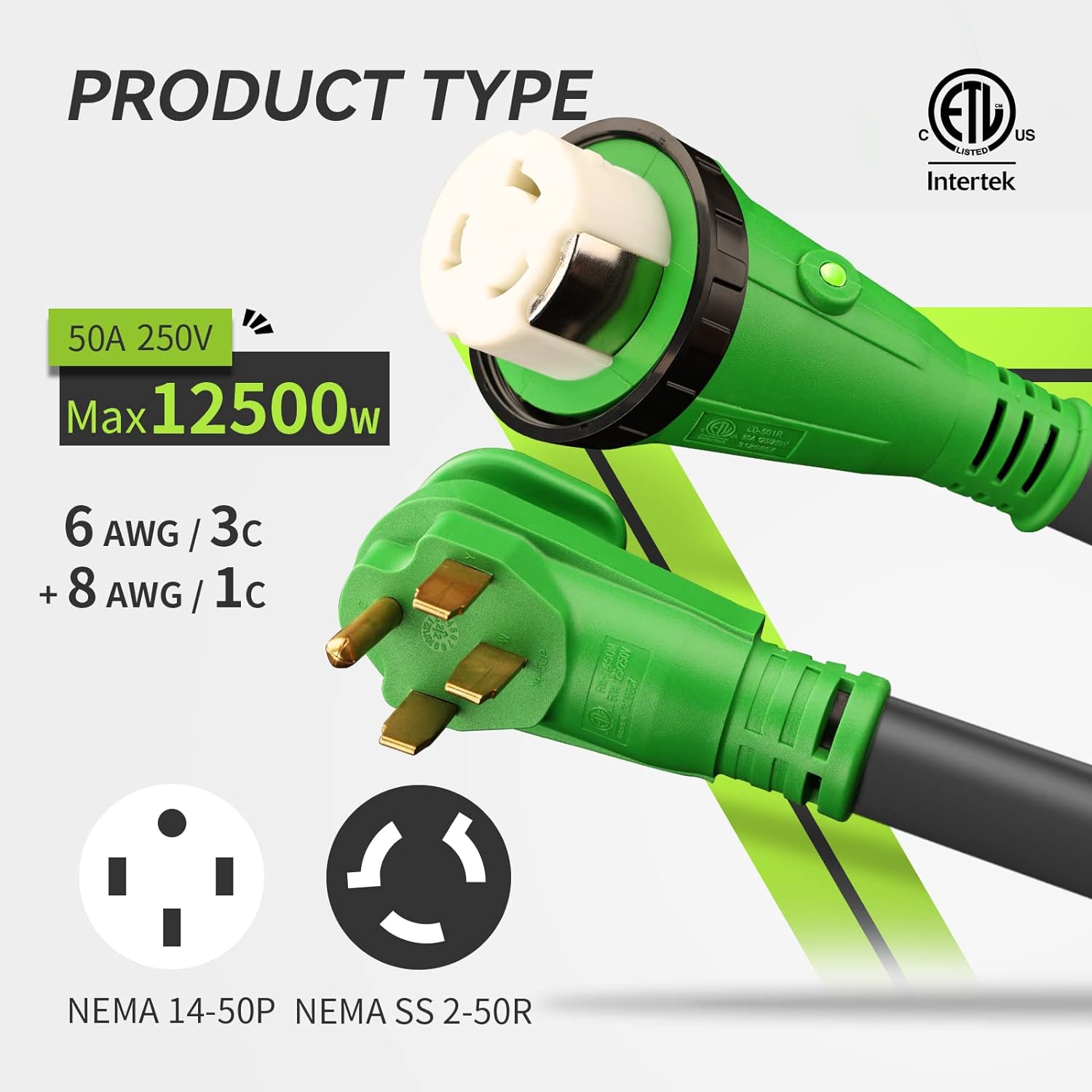 RVMATE 50 Amp 25 Feet RV/Generator Lockable Power Extension Cord, Easy Plug in Handle, 14-50P to SS 2-50R with LED Indicator, ETL Listed