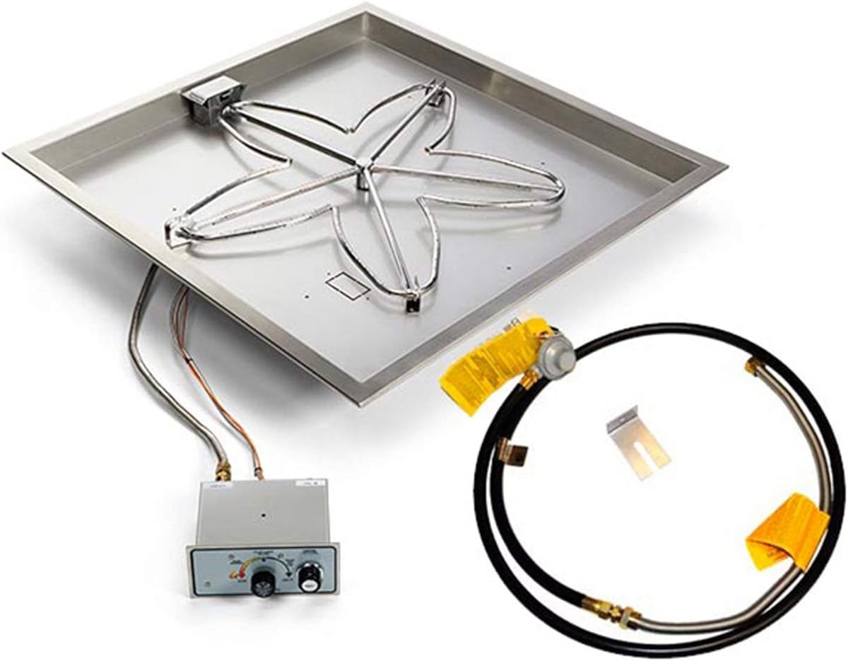 HPC Fire UL Listed Push Button Flame Sensing Gas Fire Pit Kit for Small Tanks, 24x24-Inch Bowl Pan (FPPK24-SQBL-FLEX-LP-ST), Propane