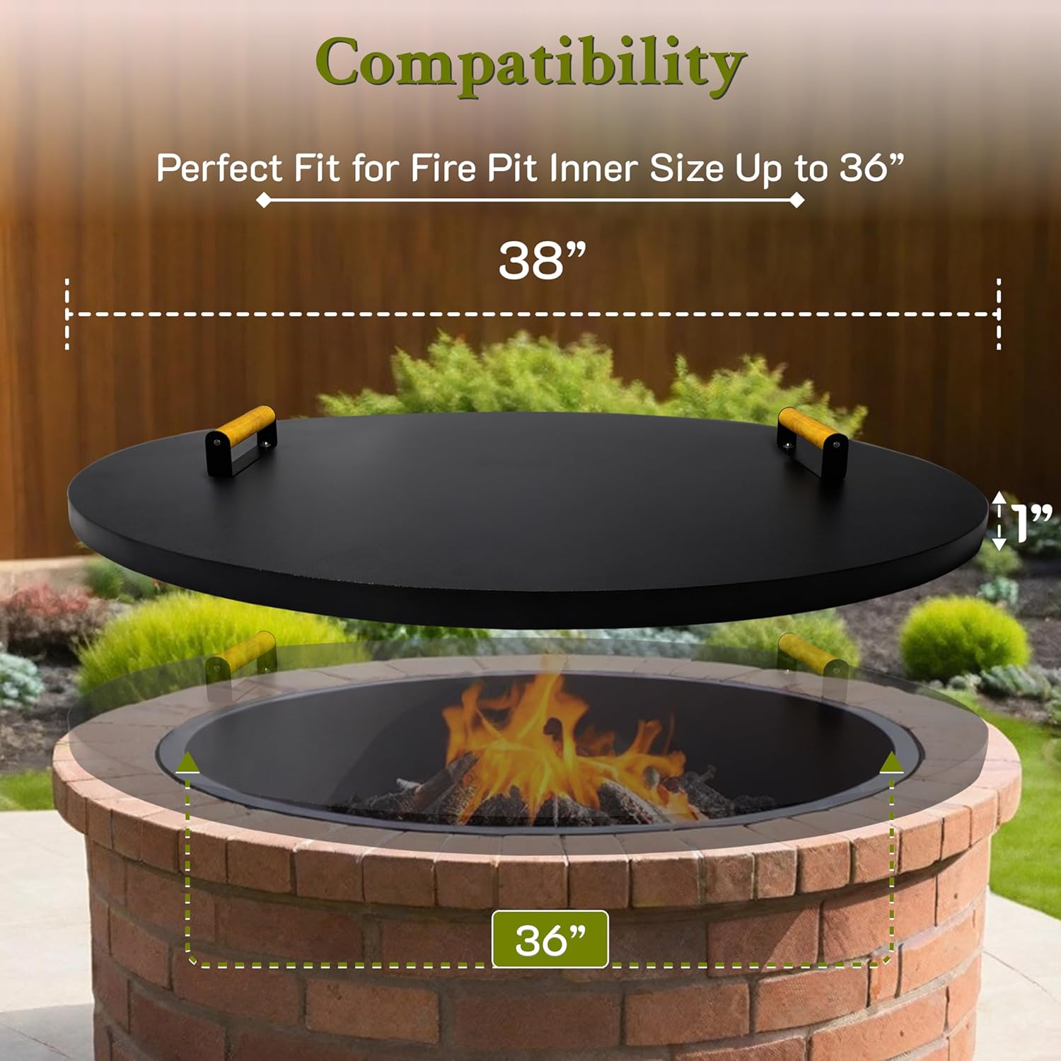 FEBTECH Fire Pit Lid 38 Inch - Powder Coated 16 Gauge Heavy-Duty Carbon Steel Fire Pit Grill Cover Round with 2 Convenient Wooden Handles with Fire Pits Inside Diameter Up to 36