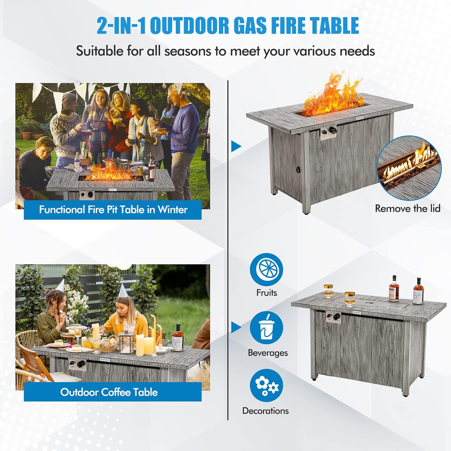 Tangkula 43 Inch Propane Fire Pit Table, Patiojoy 50,000 BTU Outdoor Gas Fire Table w/Wood Grain Tabletop, Hideaway Tank Storage, Lava Rocks, Rectangular Propane Firepit w/Waterproof Cover