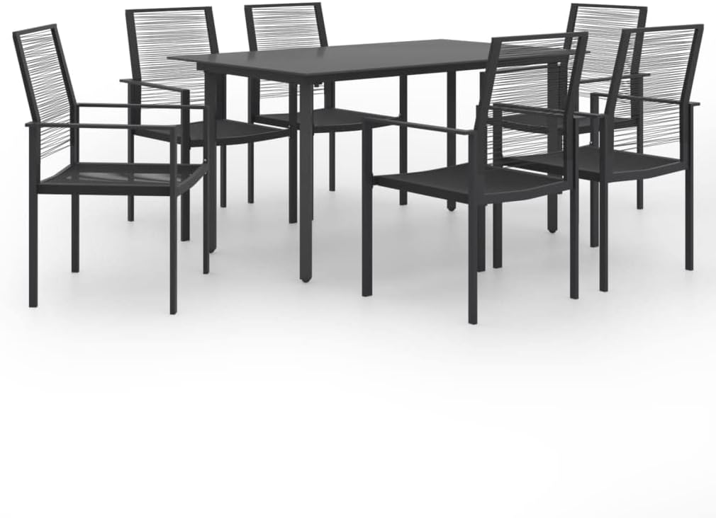 7-Piece Outdoor Dining Set with Black Glass Tabletop and PVC Rattan Chairs, Powder-Coated Steel Frame for Patio, Garden or Balcony, Modern Furniture for Family Gatherings