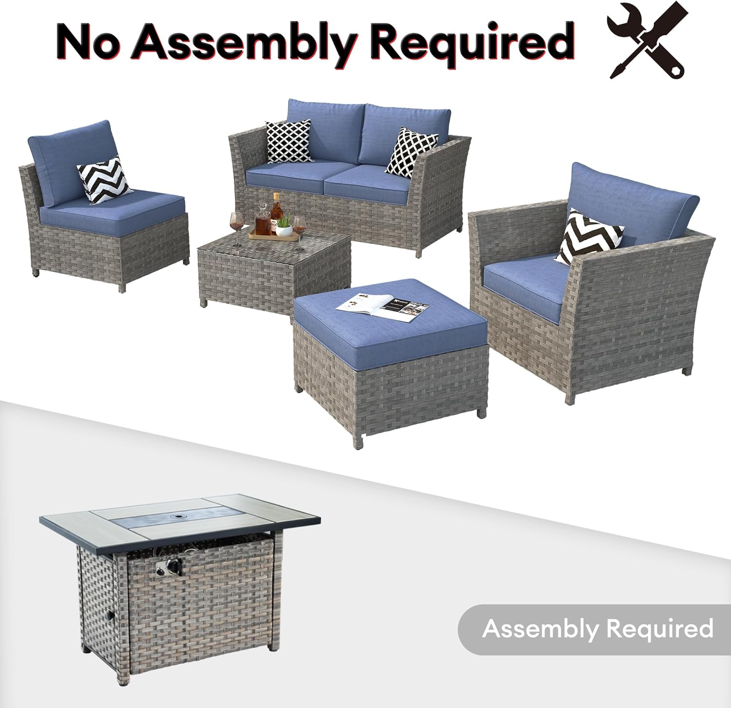 Patio Conversation Set, 10-Pieces Outdoor Sectional Sofa with 42 Inch Fire Pit Table, Rattan Sectional Sofa Set for Backyard (Denim Blue)