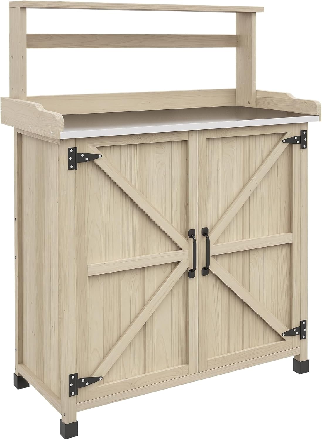 Outsunny Potting Bench, Outdoor Wooden Potting Table with Storage Cabinet with 2 Shelves, Garden Work Bench with Galvanized Plated Tabletop for Backyard, Balcony, Natural