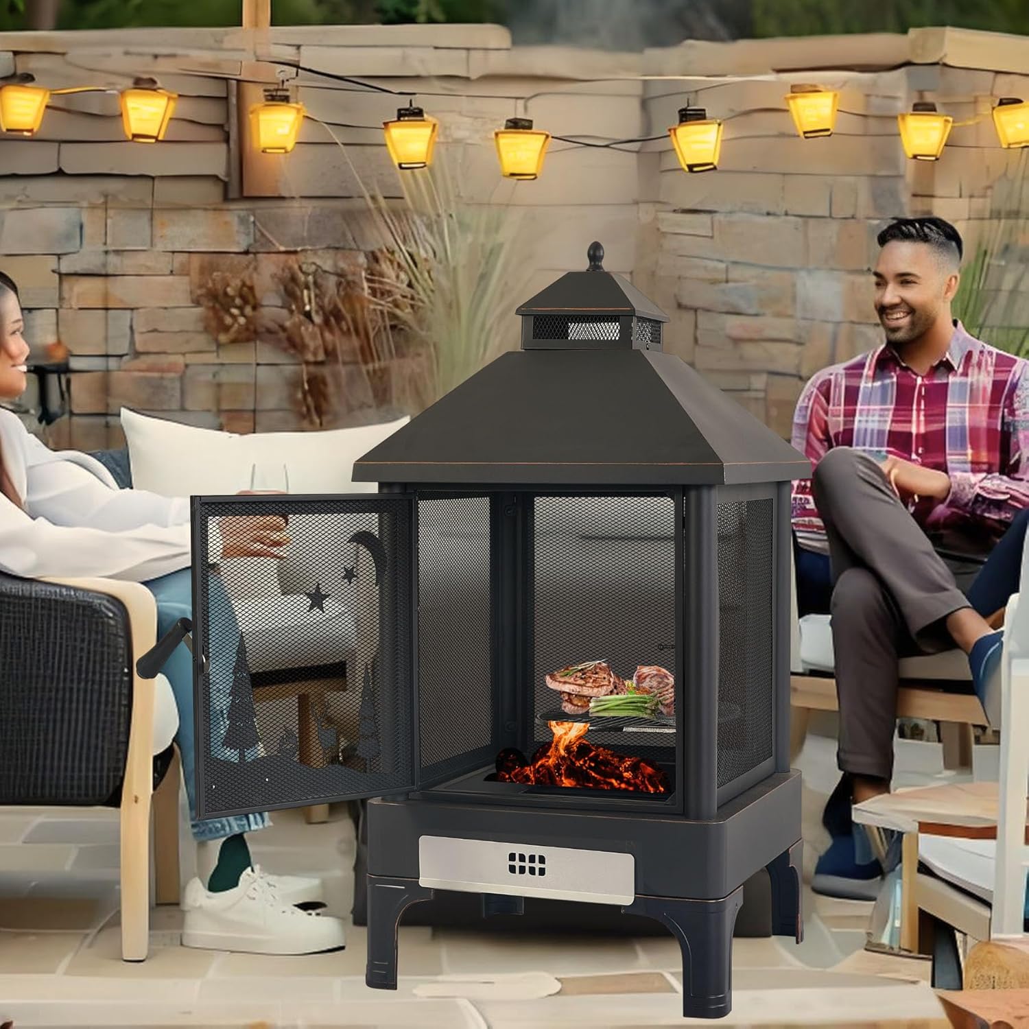 Outdoor Fire Pit Wood Burning for Backyard, Square Firepit with Grill, Large Fire Pits for Outside, Patio Fire Pit with Poker for Warmer Winter, Halloween, Metal, 48 Inch High (Square)