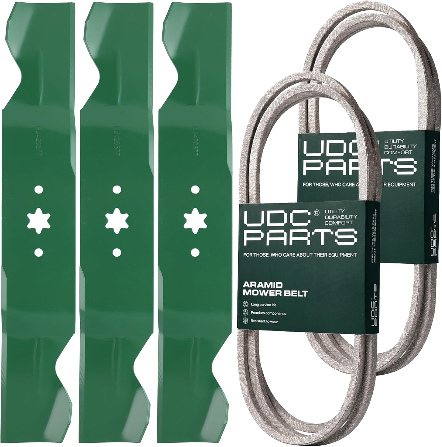 UDC Parts 742-0677/754-0642 + 754-0467 High Lift Blades 3 Pack + Mower Deck Drive Belts/Fits MTD Cub Cadet