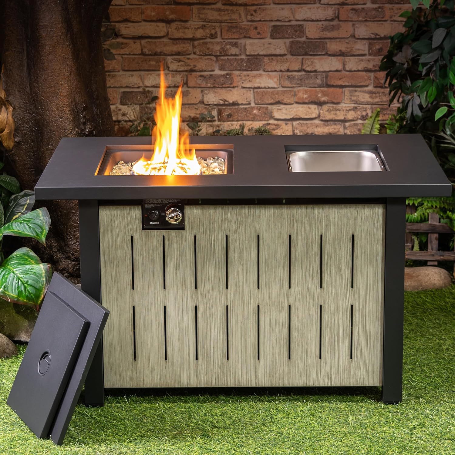Propane Firetable with Ice Bucket - 42 Inch Outdoor Gas Fire Pit Table - 50,000 BTU Rectangular Fire Table for Warmth and Ambience - Outdoor Fire Table for Patio Deck Garden Backyard