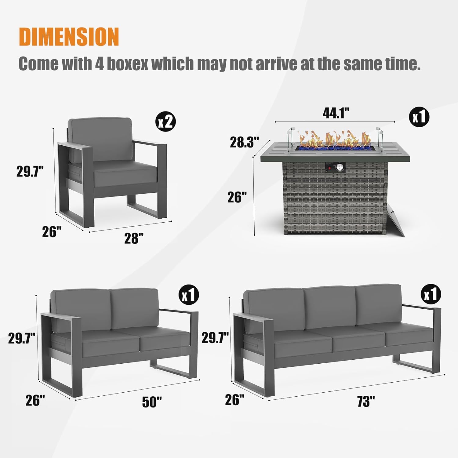 5 Piece Modern Aluminum Patio Furniture Set with Fire Pit Table, Outdoor Patio Sectional Conversation Metal Seating Sets with Olefin Cushion