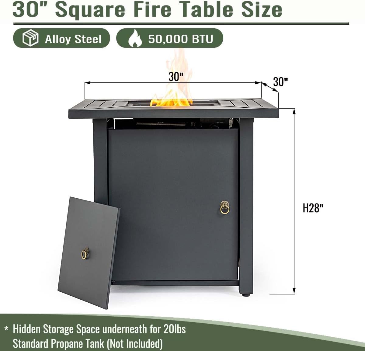 30'' Gas Firepit Table for Outside Patio, 50000 BTU Square Fire Pit Tables with Storage Compartment, Propane Fire Table with Lid for Deck Garden Courtyard, Easy Assembly (Black - 30'')