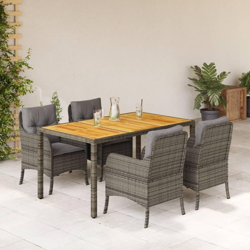 Furniture Sets 5 Piece Patio Dining Set with Cushions Gray Poly Rattan,Garden Dining Set with Rattan Chairs and Acacia Wood Table for Patio and Garden Garden Conversation Sets