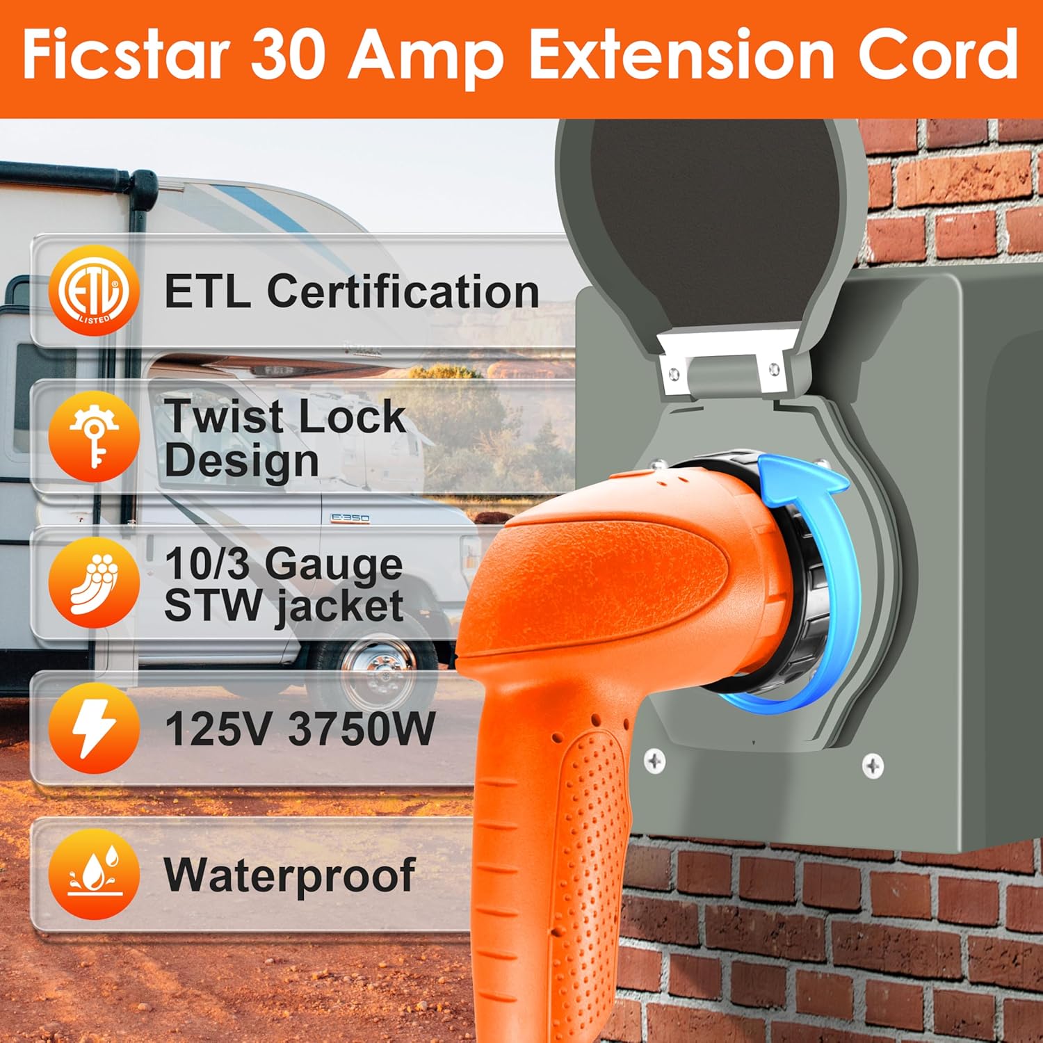 30 Amp RV Extension Cord,15 ft,Heavy Duty Generator Extension Cord with LED Power Indicator;30 AMP Twist Lock RV Power Inlet 125V/120V