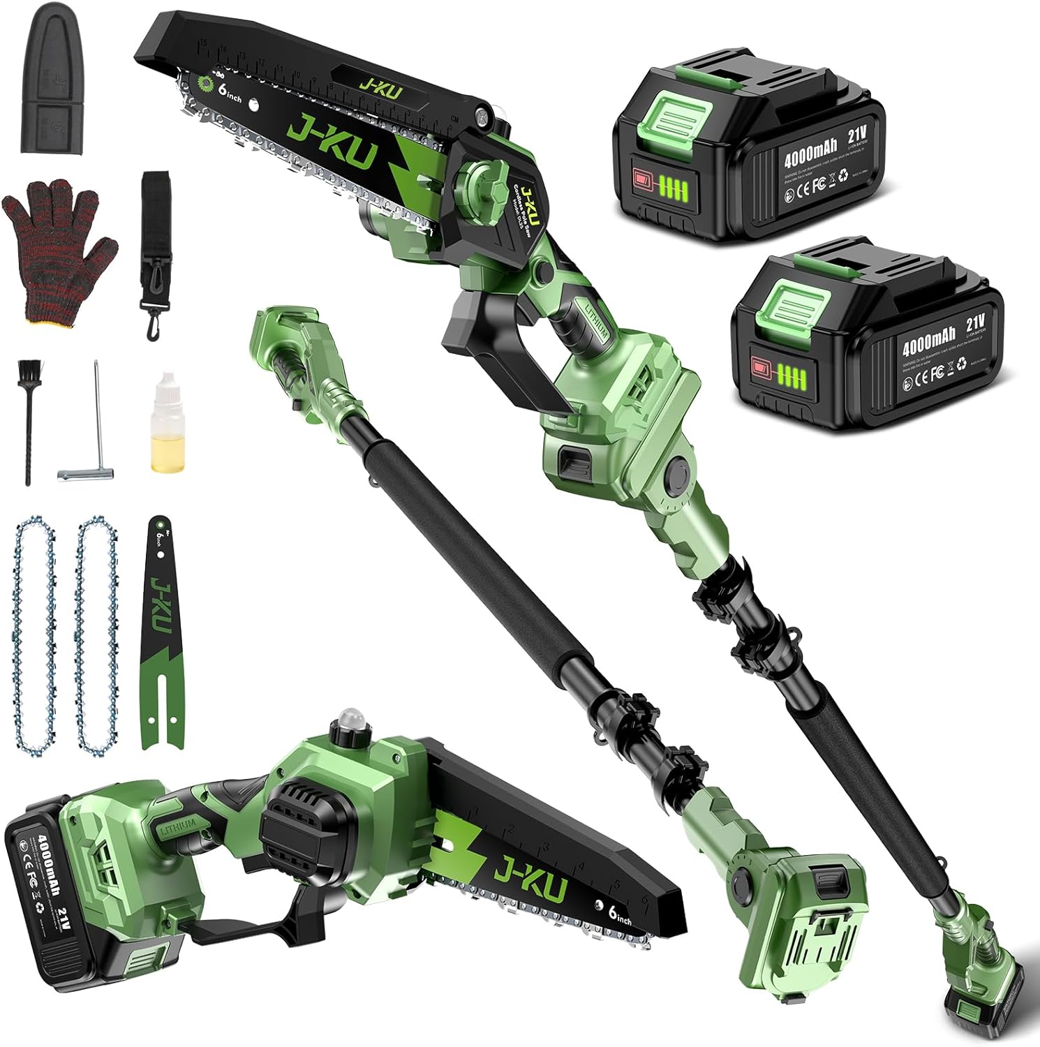Electric Pole Saws for Tree Trimming: 6 Inch Mini Chainsaw Cordless with Extension Pole, 2x4000mAh Batteries, 21V Brushless Pole Saw Battery Powered Tree Trimmer 16 Ft reach Limb Branch Cutter Pruner