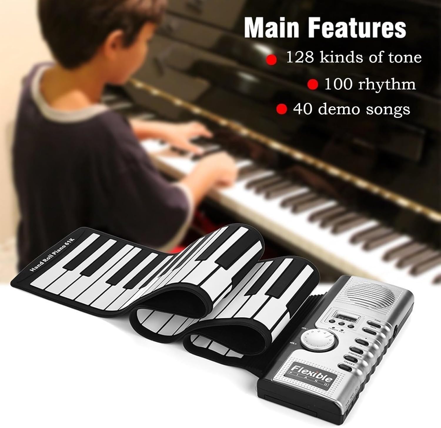 61-Key Roll Up Piano Keyboard, Portable Silicone Travel Piano, MIDI Support, Built-In Speaker for Beginners & Kids