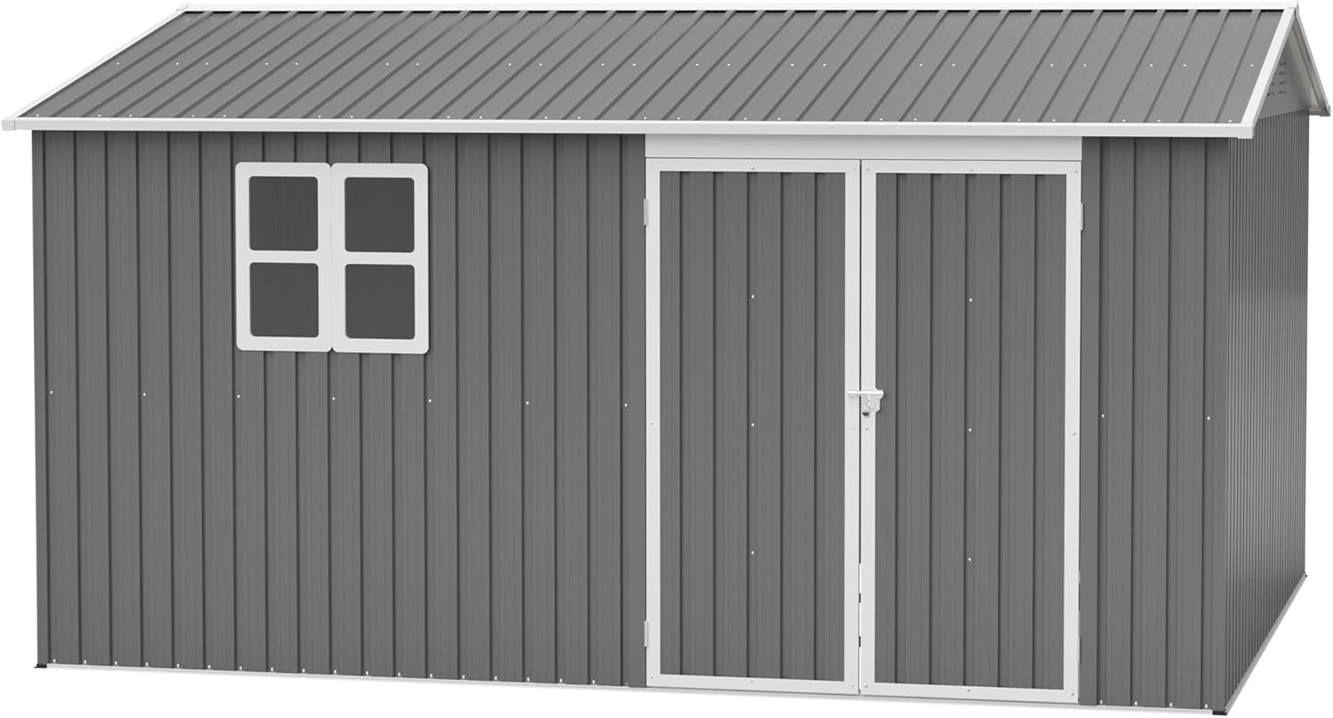 Outdoor Storage Shed Waterproof Metal Garden Tool Bike Sheds Kit Lean to Backyard Storage Building Cabinet House,12x10 ft Grey with Floor Frame