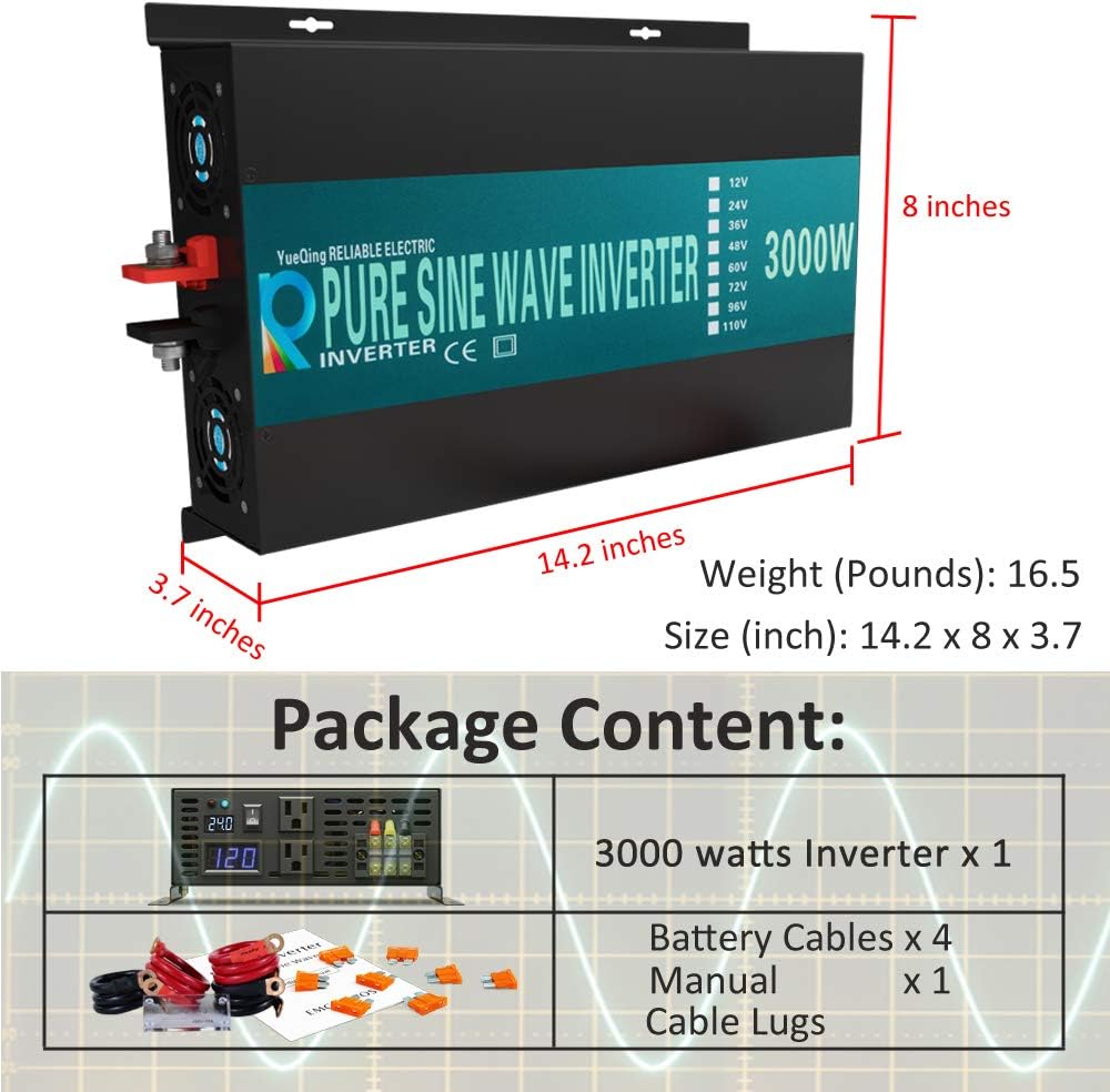 WZRELB 3000W Pure Sine Wave Solar Power Inverter 12VDC (10V-15V) to 110/120V AC, Output 25Amp Max,Off Grid System
