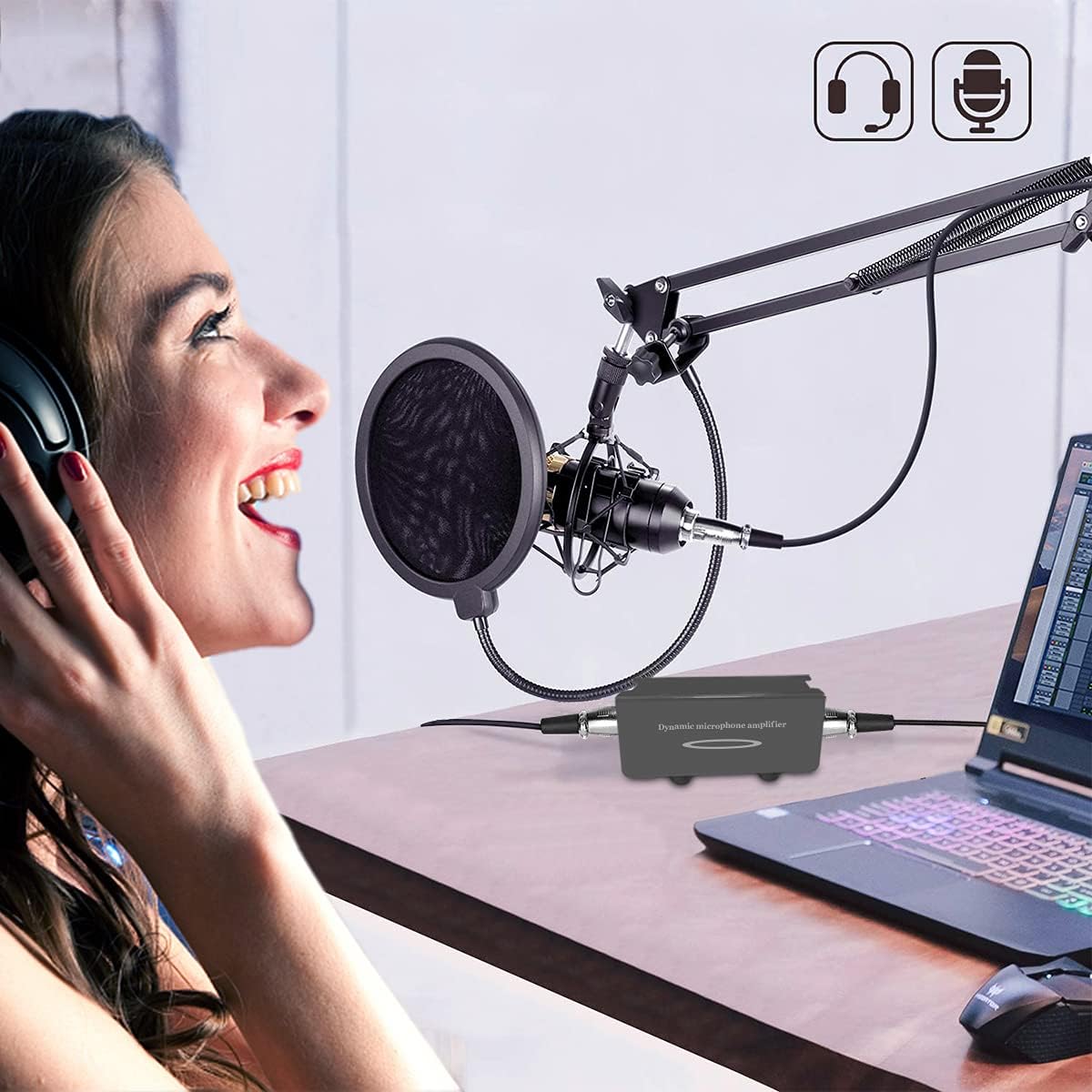 Microphone Preamp for Shure SM7B /SM58 /55SH Machine SMM-205 Dynamic Mircophone Preamp Booster for Livestream/Broadcast/Podcast/Vocal Recordings（GRAY）