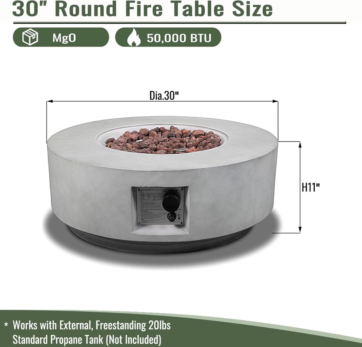 30-Inch Outdoor Propane Fire Pit Table with Lid, Round Fire Bowls for Outside with Side Handles & Rocks, 50000 BTU Smokeless Steel Gas Firepits for Outside Patio Garden Backyard (Grey, 30in)