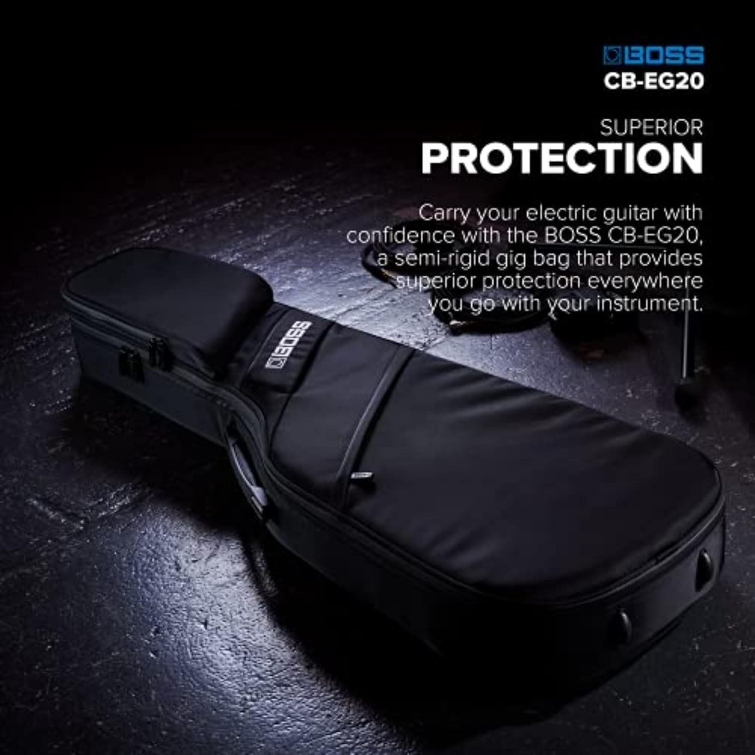 BOSS CB-EG20 – Premium Protection, Lightweight Semi-Rigid Guitar Gig Bag – Thick Internal Padding – Backpack Straps for Easy Transport – Accessories Pockets and Heavy-Duty Zippers