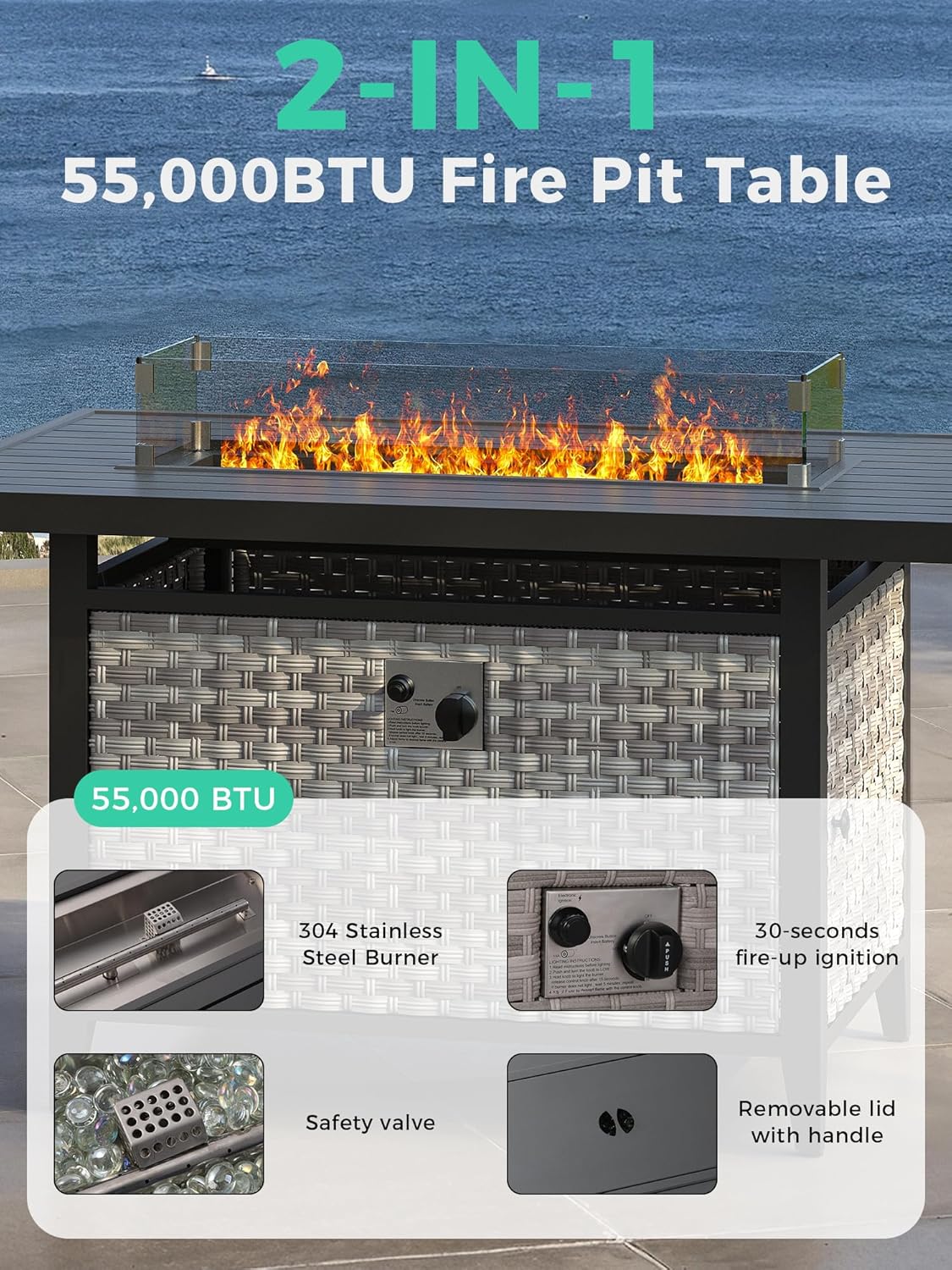 7 Piece Outdoor Wicker Rattan Sectional Sofa Set with Fire Pit Table, 5-Seats Conversation Set with 4