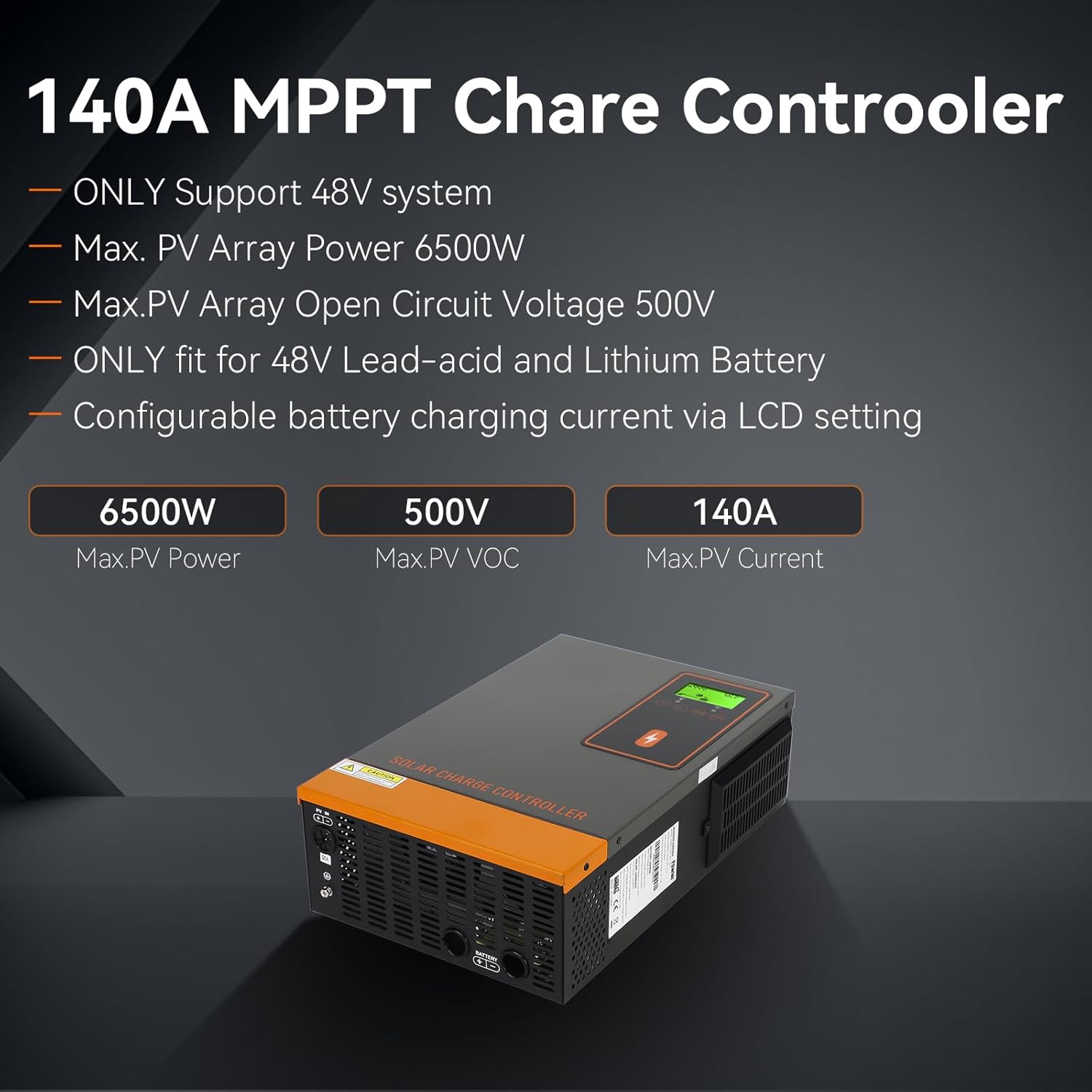 Temank MPPT Solar Charge Controller 140A 48V, Max.PV Input 6500W, 500V & 60 Feet Solar Cable