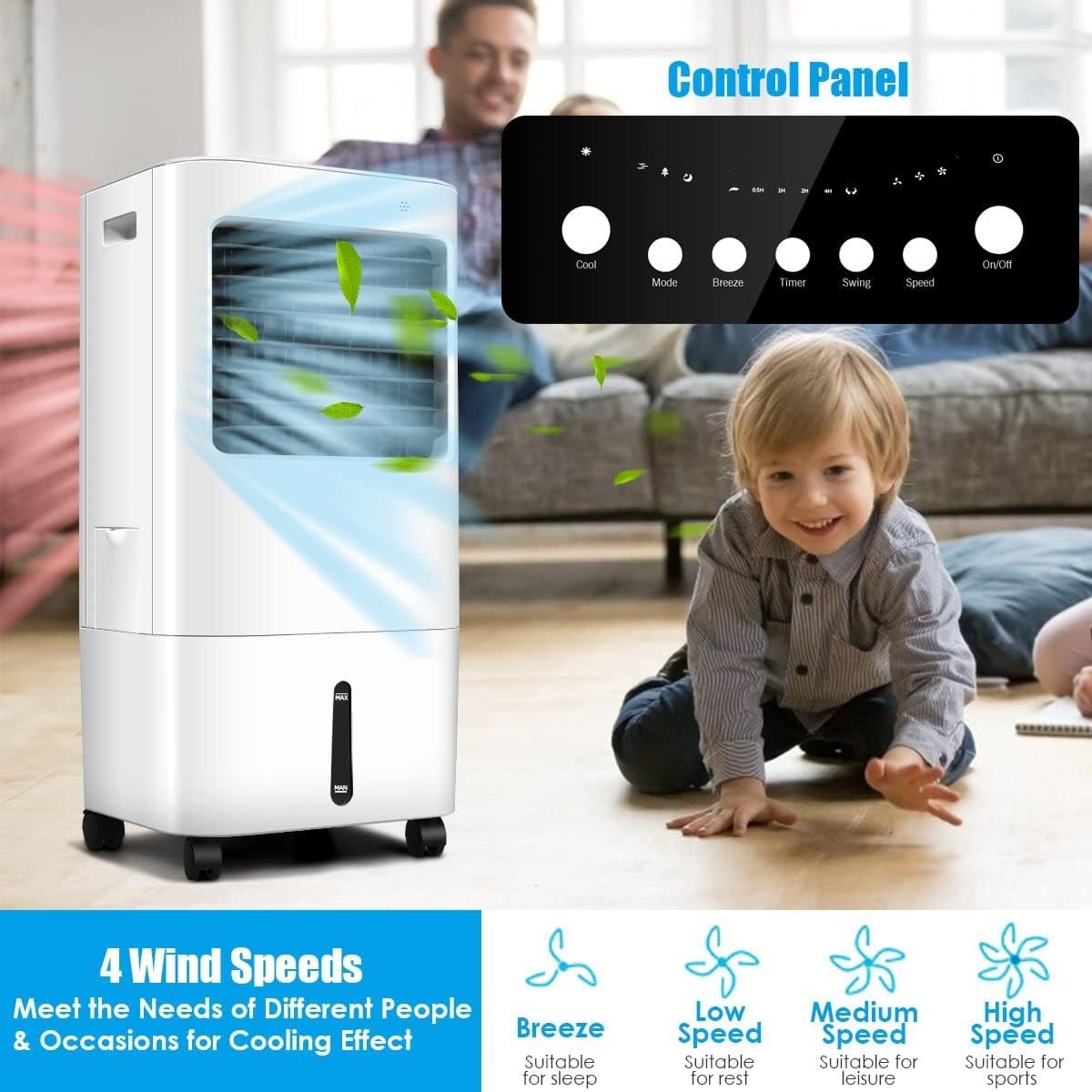 KOTEK 20L Evaporative Air Cooler, 3-in-1 Cooling Fan Humidifier with 3 Modes, 4 Speeds, 7.5H Timer, Large Water Tank & Ice Crystal Boxes, Portable Air Cooler Fan with Swivel Wheels for Home Office