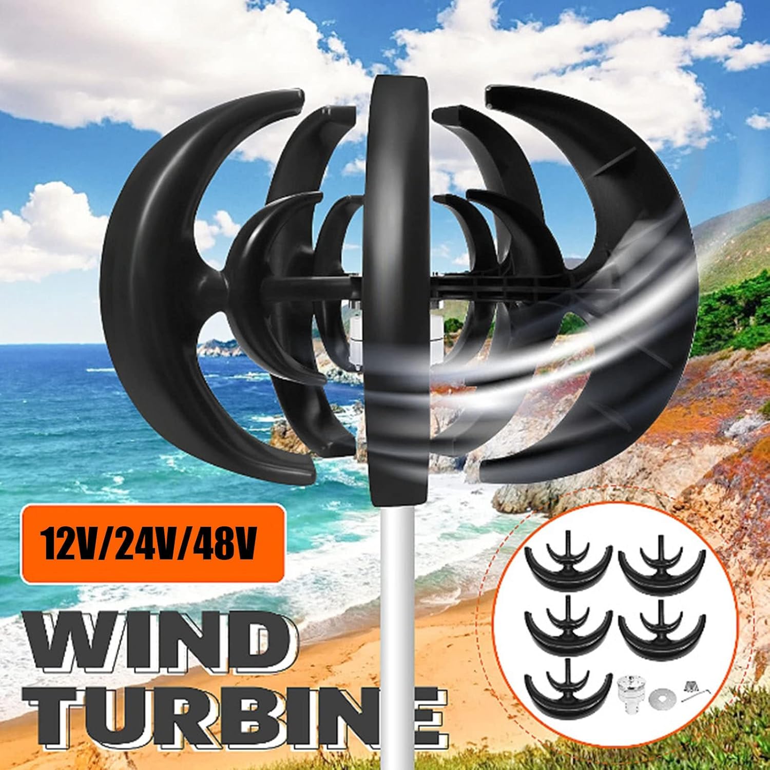 Lantern Shape Wind Turbine with 5 Blades Wind Generator 500W/12V/24V/48V with Integrated Controller,for Monitoring Systems,Mobile Homes,Fishing Boats,Marine Other Charging Uses,Black-24V