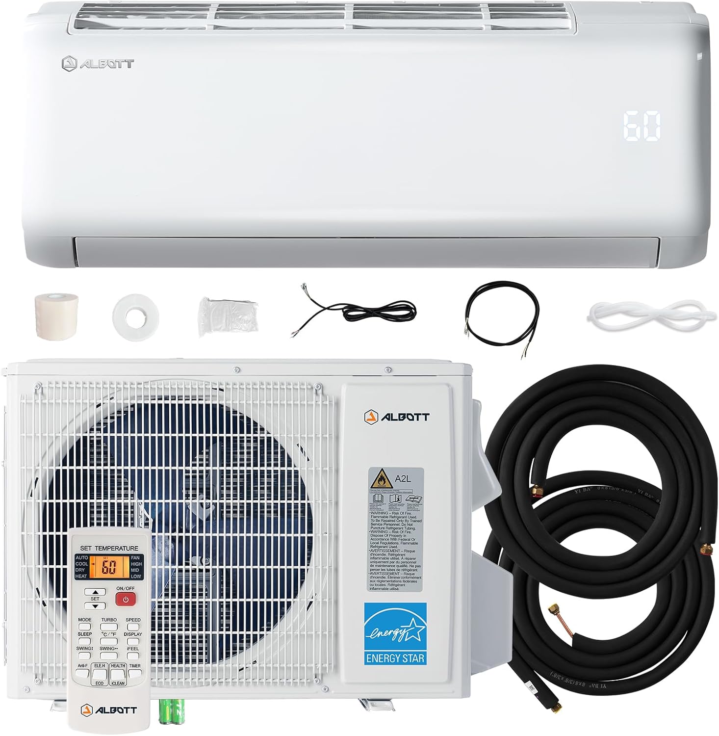 Albott Mini Split Air Conditioner Heat Pump, 12000 BTU 22 SEER2 115V, Energy Star, Remote Control for Rooms up to 450 Sq.Ft, Wall Ac Unit with 14.8ft Installation Kit, White