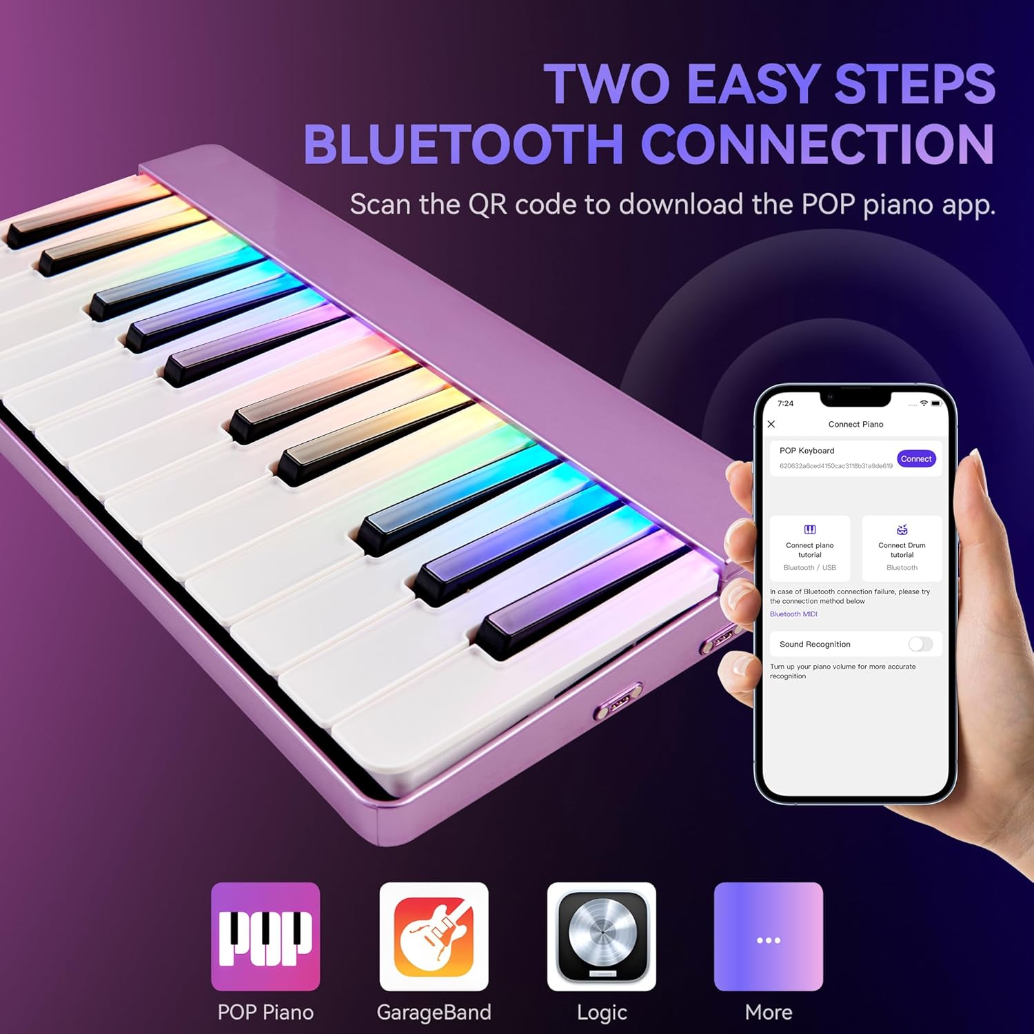 Smart Piano Keyboard with Built-in LED Light and Free App, 24-Key Smart Piano for Beginners, Portable travel piano Keyboard,Mini Piano Keyboard, MIDI Supported, Birthday or Holiday Gift(Purple)