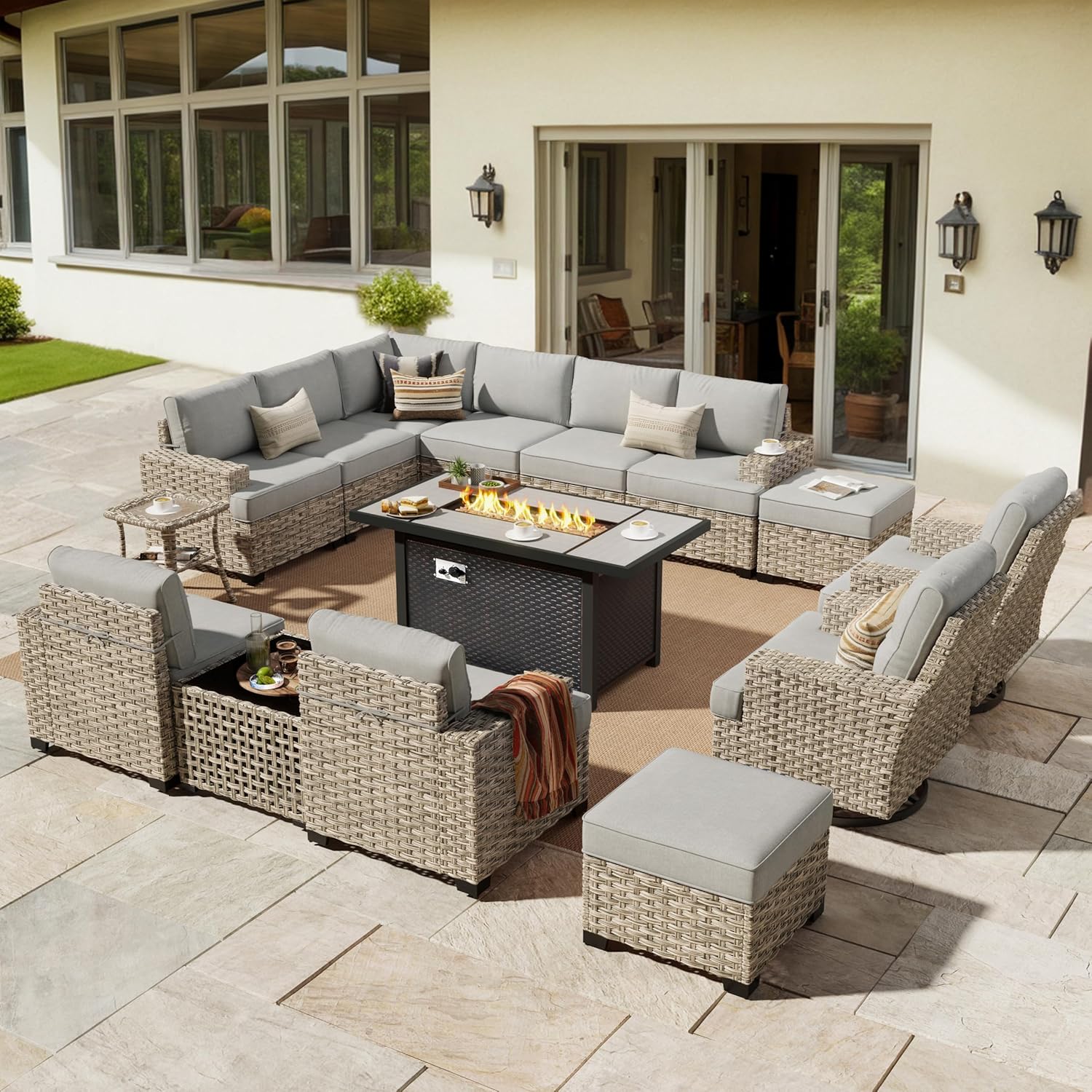 HOOOWOOO Outdoor Sectional Patio Furniture Set with Fire Pit Table,15 Pieces Wicker Conversation Sets L Shaped Couch,Extra Deep Out Door Sofa Outside Furniture with Swivel Chairs Ottoman,Charcoal Gray
