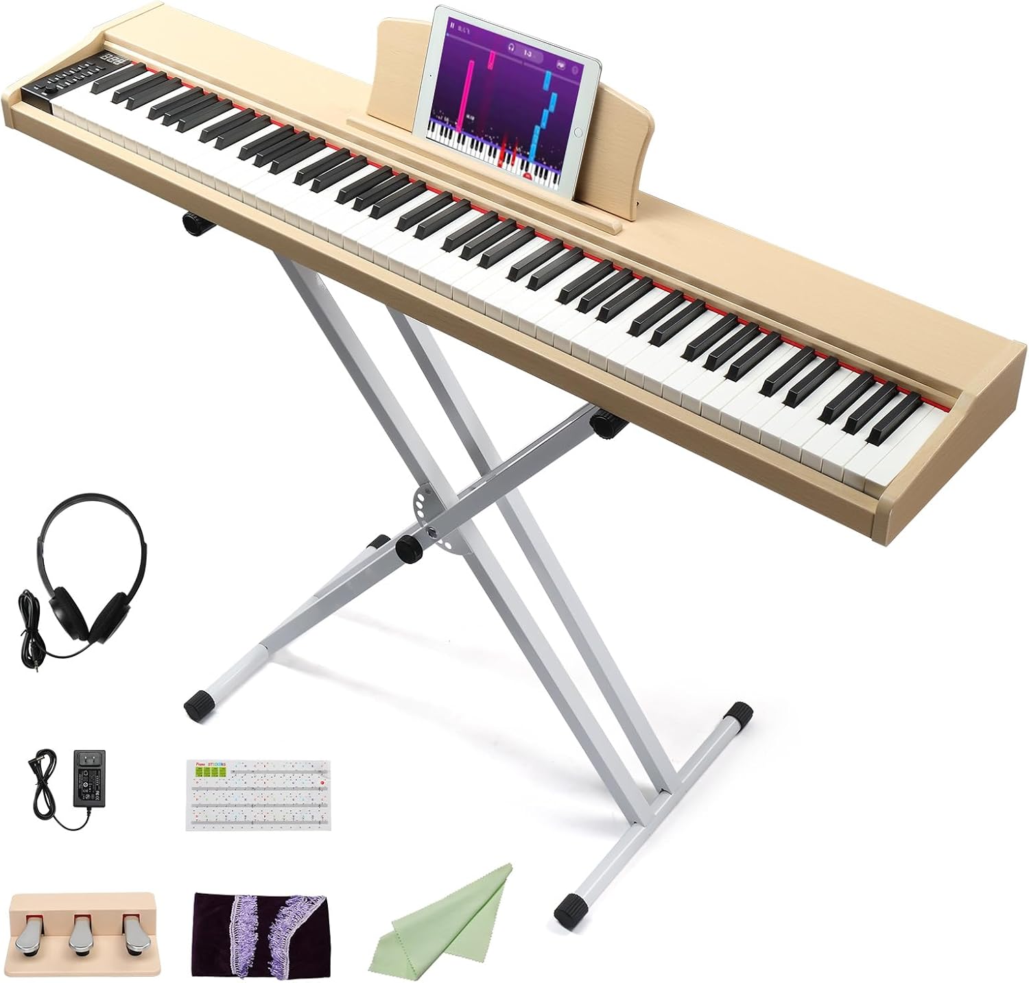 Ktaxon 88 Key Piano Keyboard Semi-Weighted Electric Piano, Portable Keyboard Piano with Stable Piano Stand, Professional 3 Pedal, 2 Headphone Jacks, Bluetooth, MIDI, 128 Rhythms and 128 Tones(Oak)
