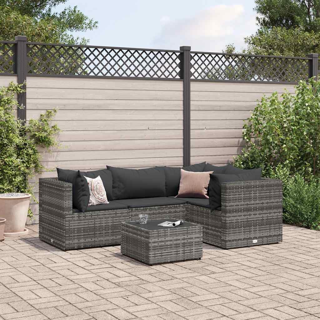 Grey PE Rattan 5 Piece Patio Lounge Set, Modular Outdoor Furniture with Cushions, Tempered Glass Tabletop, Adjustable Feet for Garden, Balcony